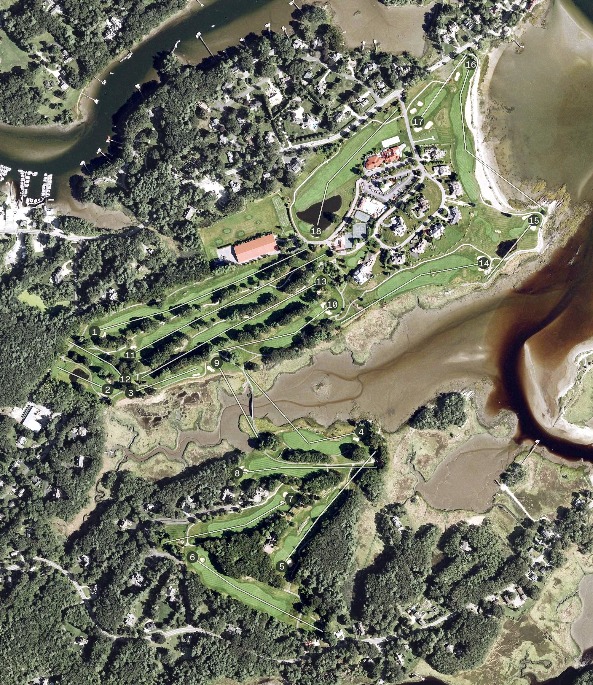 Aerial view of Wentworth by the Sea Country Club, NH, with its hole routing marked