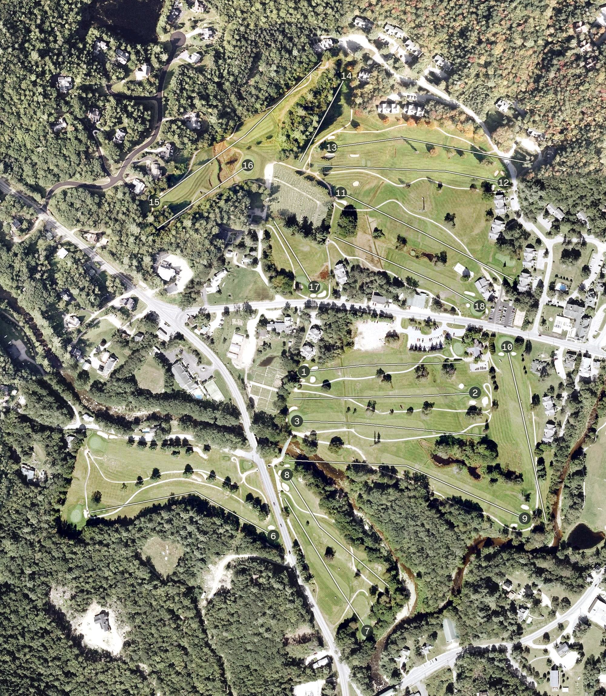 Aerial view of Wentworth Golf Club, NH, with its hole routing marked