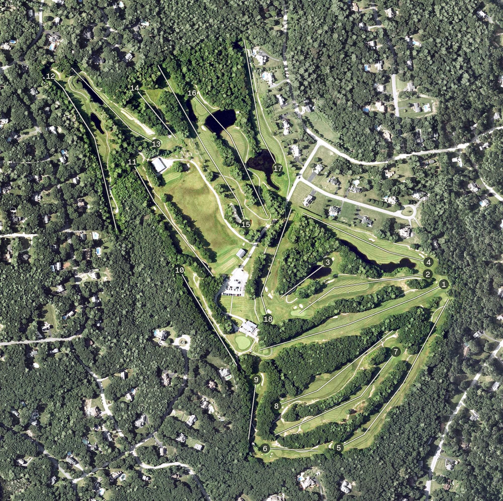 Aerial view of Windham Country Club, NH, with its hole routing marked