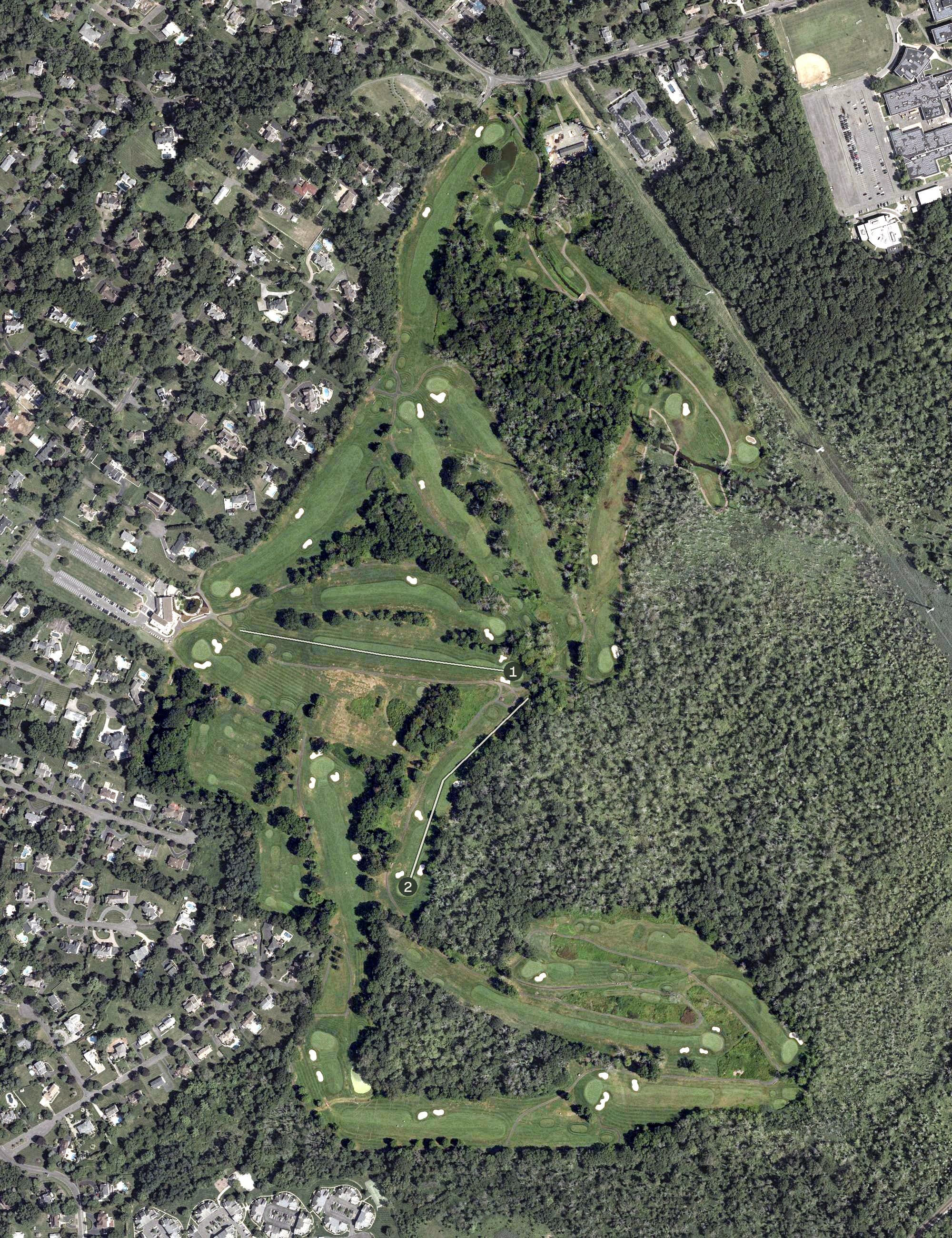 Aerial view of Ash Brook Golf Course, NJ, with its hole routing marked