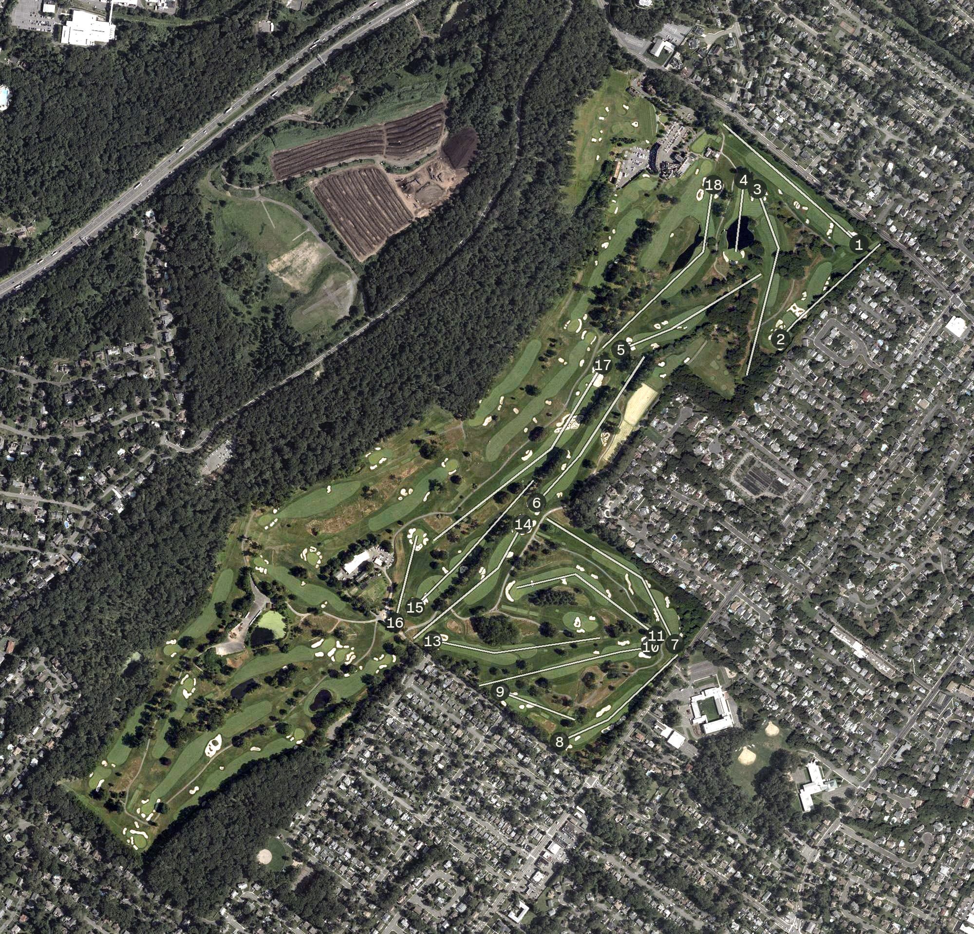 Aerial view of Baltusrol Golf Course, NJ, with its hole routing marked