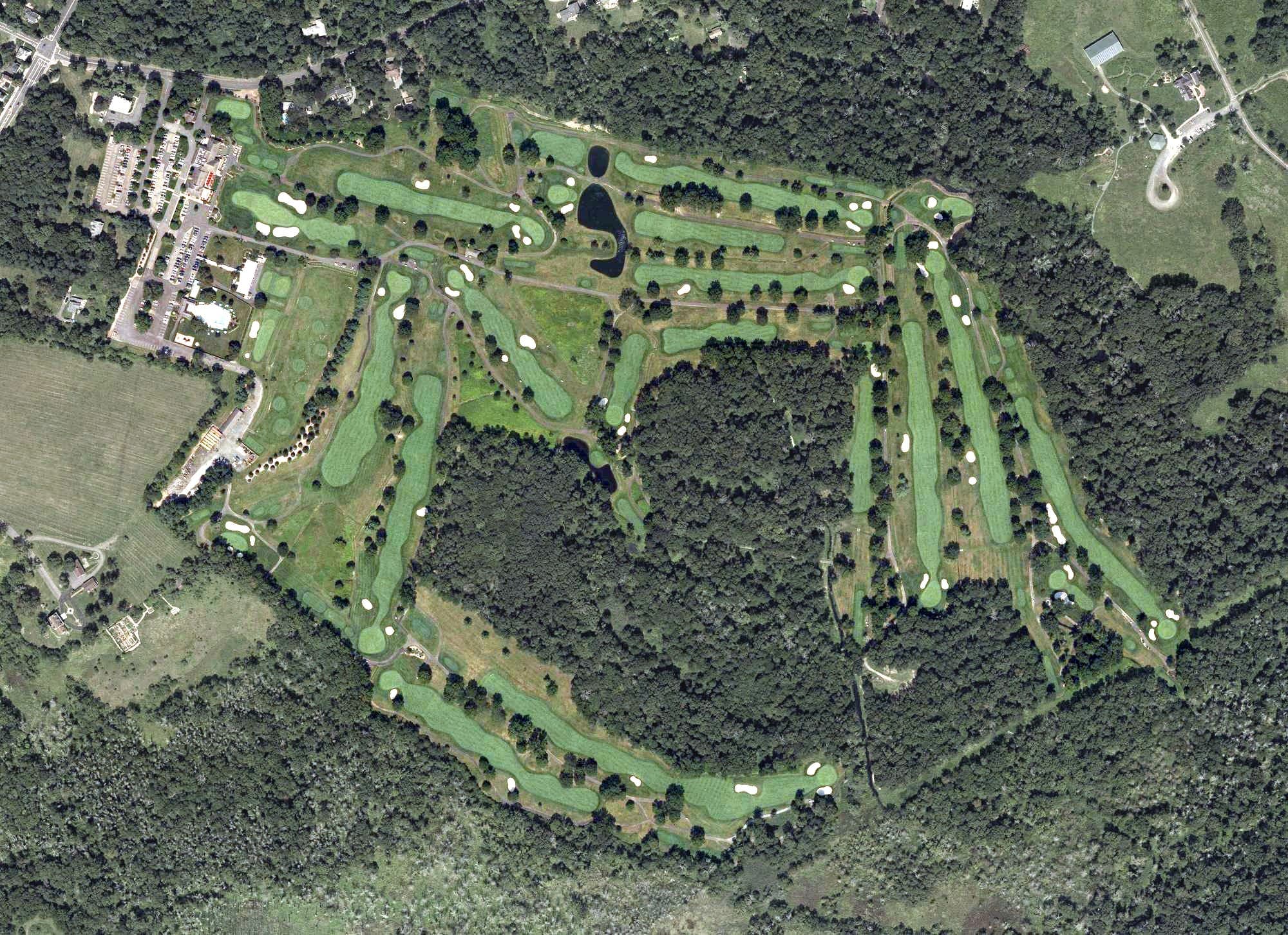 Aerial view of Basking Ridge Country Club, NJ, with its hole routing marked