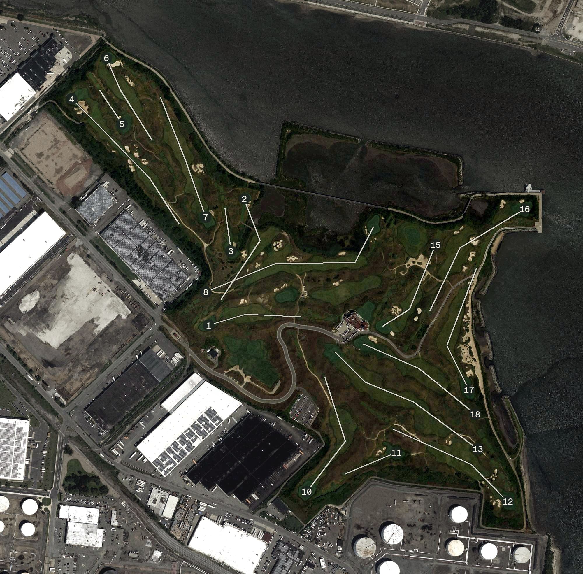 Aerial view of Bayonne Golf Club, NJ, with its hole routing marked