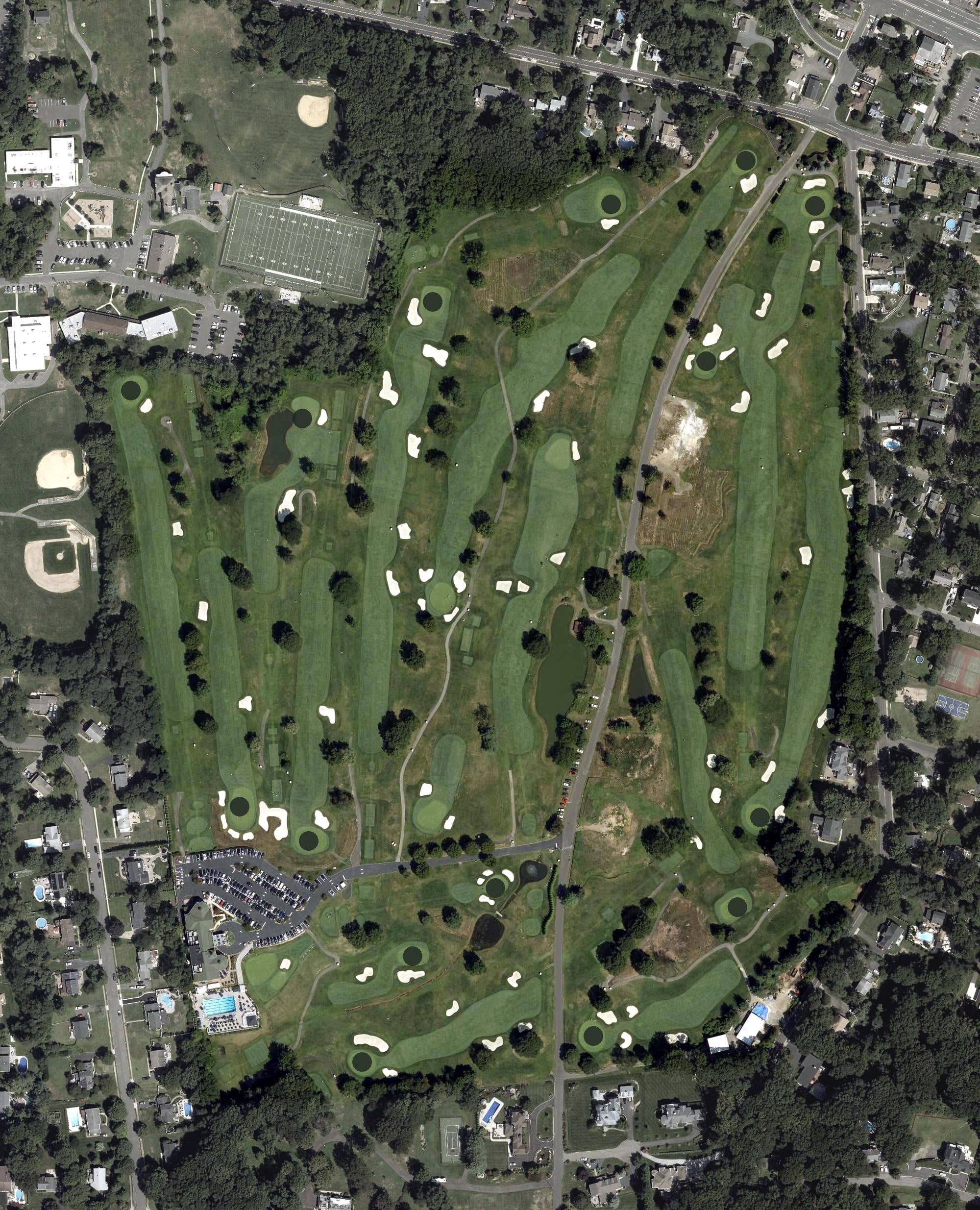 Aerial view of Beacon Hill Country Club, NJ, with its hole routing marked