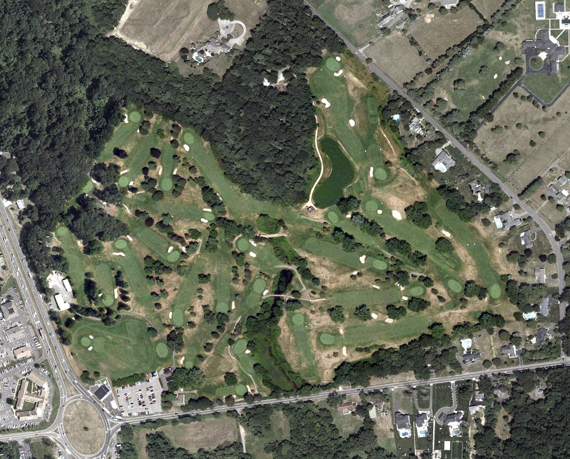 Aerial view of Bel-Aire Golf Course, NJ, with its hole routing marked