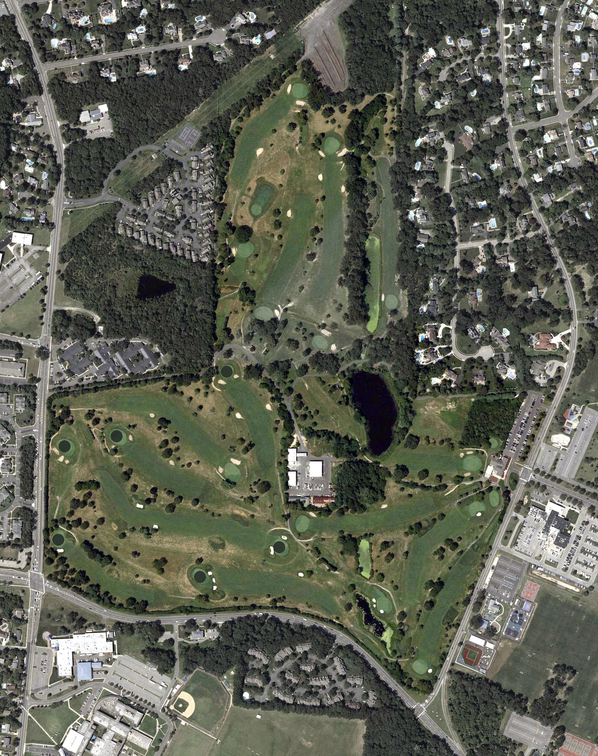 Aerial view of Bey Lea Golf Course, NJ, with its hole routing marked