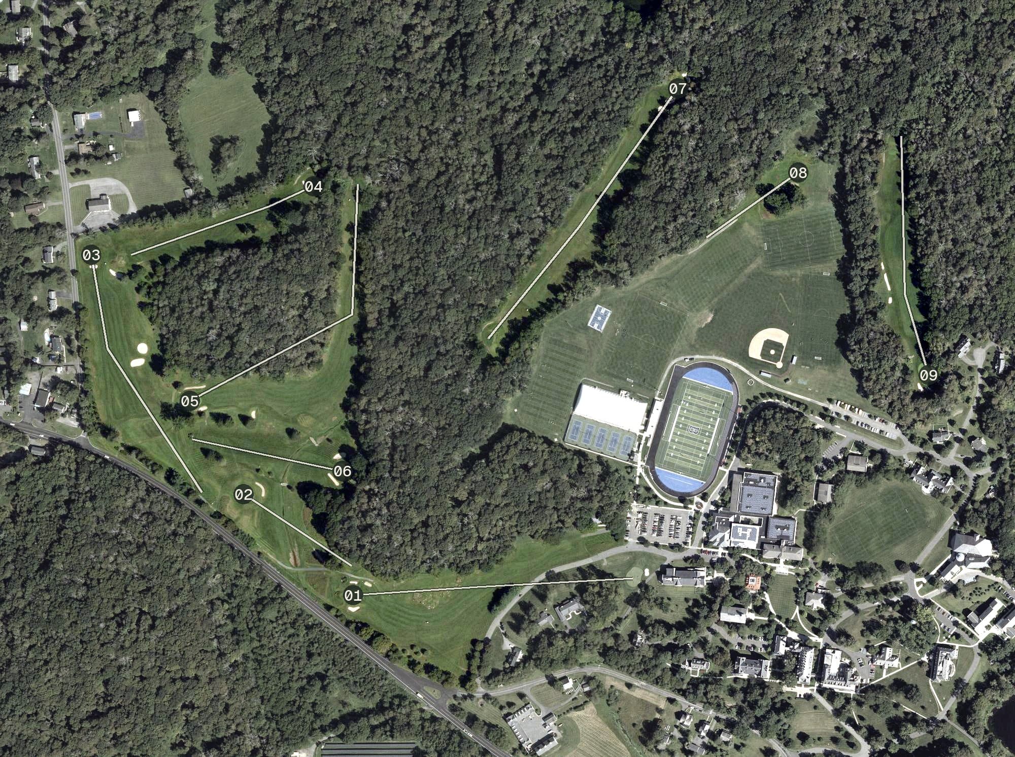 Aerial view of Blair Golf Course, NJ, with its hole routing marked