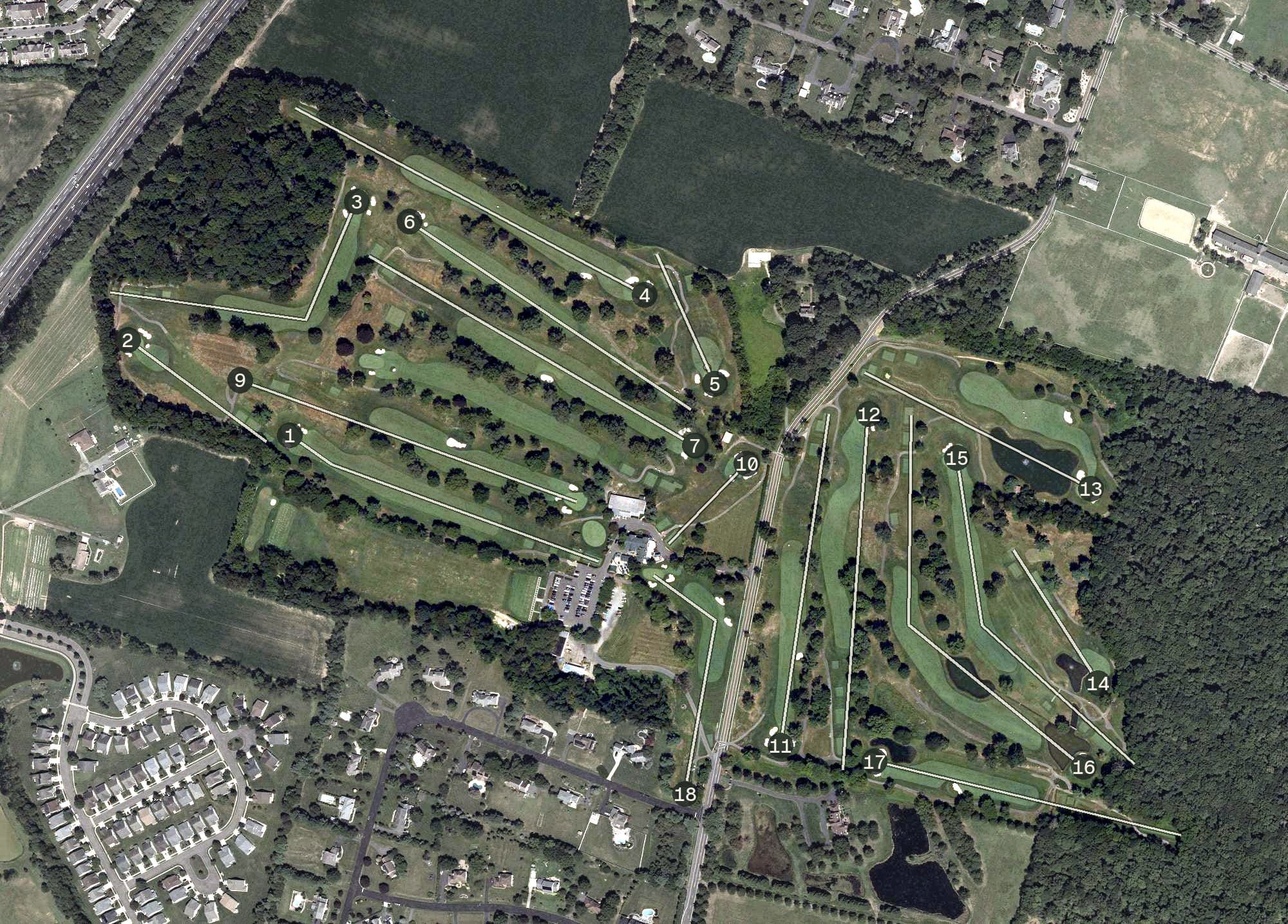 Aerial view of Burlington Country Club, NJ, with its hole routing marked