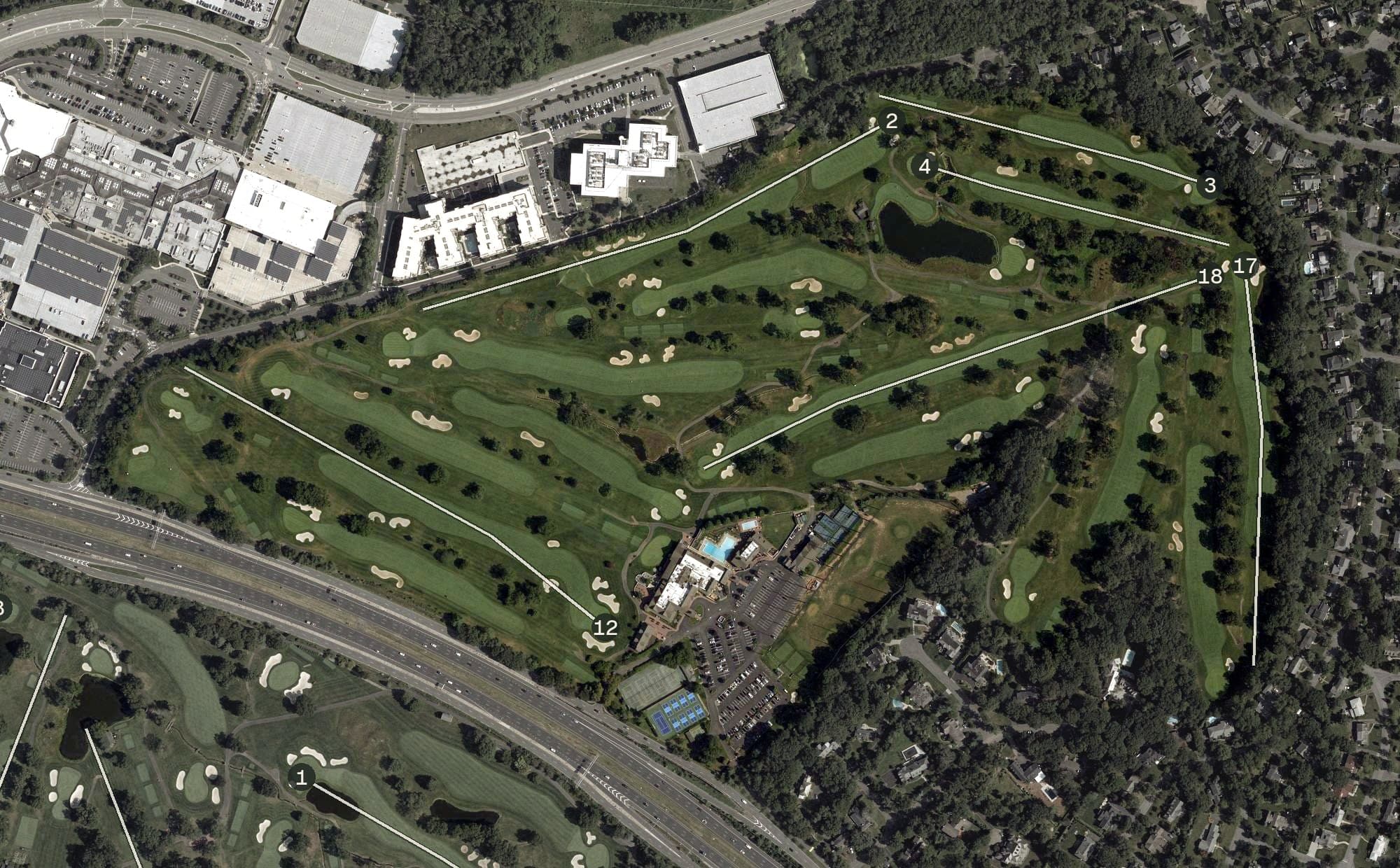 Aerial view of Canoe Brook Country Club North Course, NJ, with its hole routing marked
