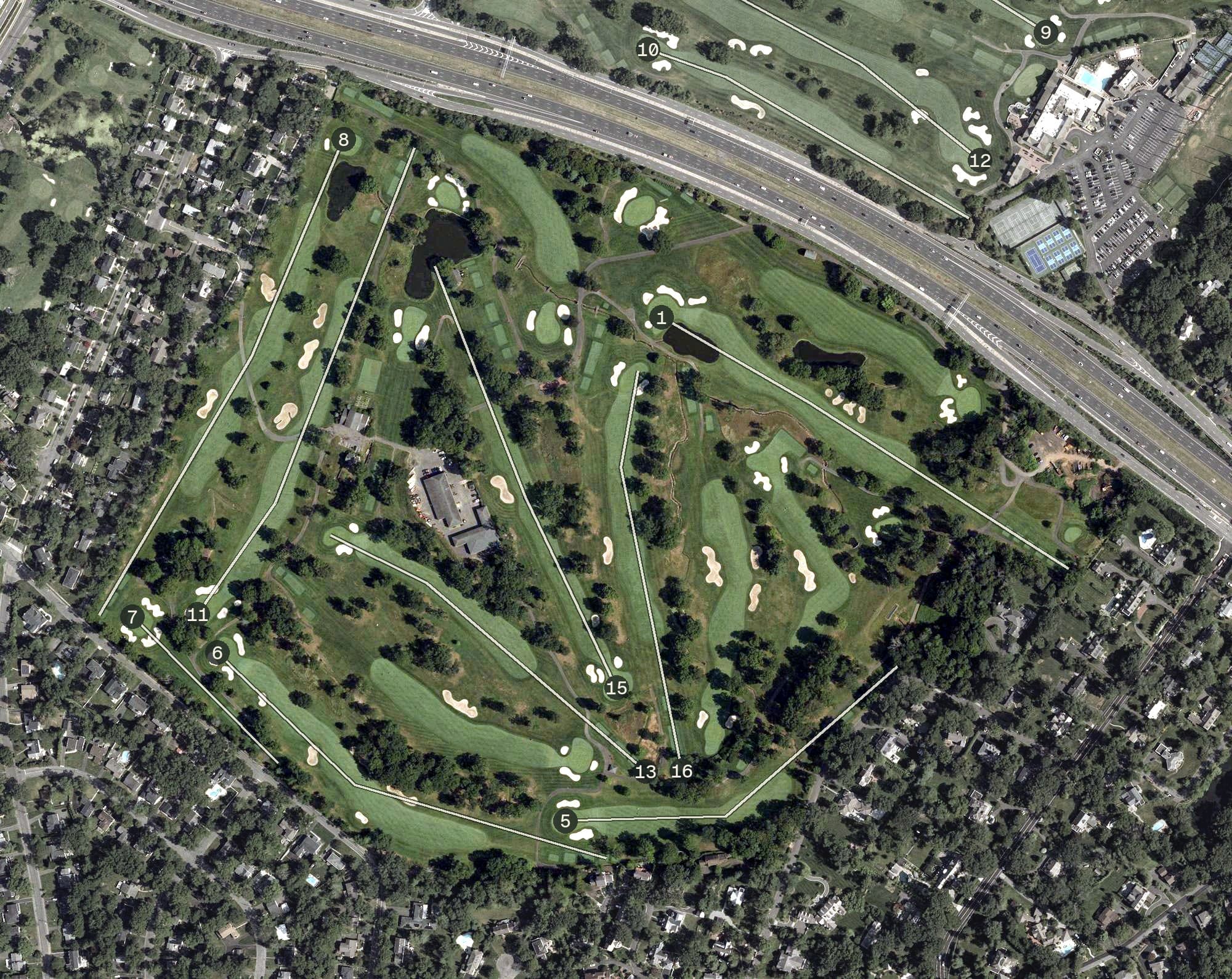Aerial view of Canoe Brook Country Club South Course, NJ, with its hole routing marked
