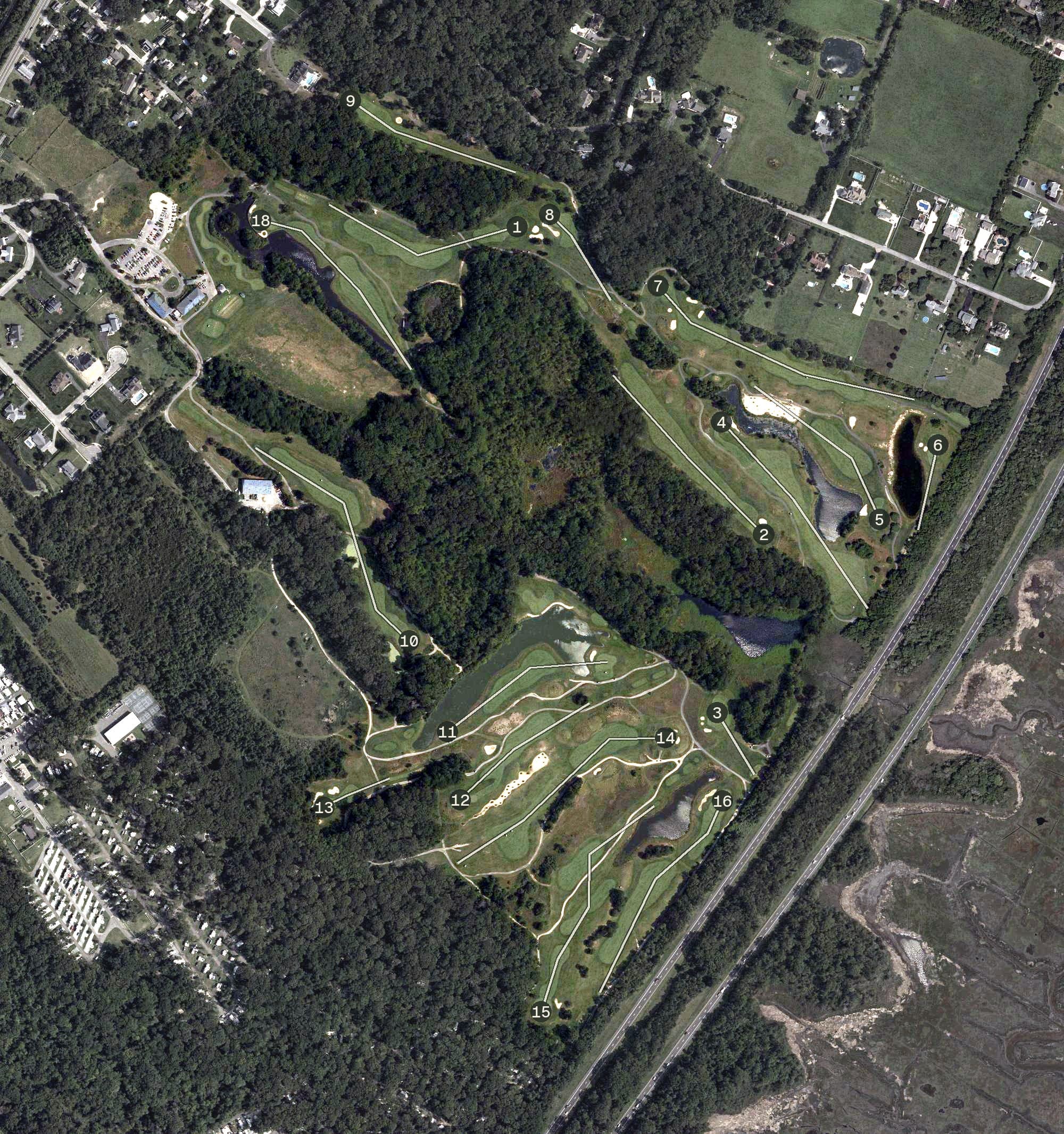 Aerial view of Cape May Golf Club, NJ, with its hole routing marked