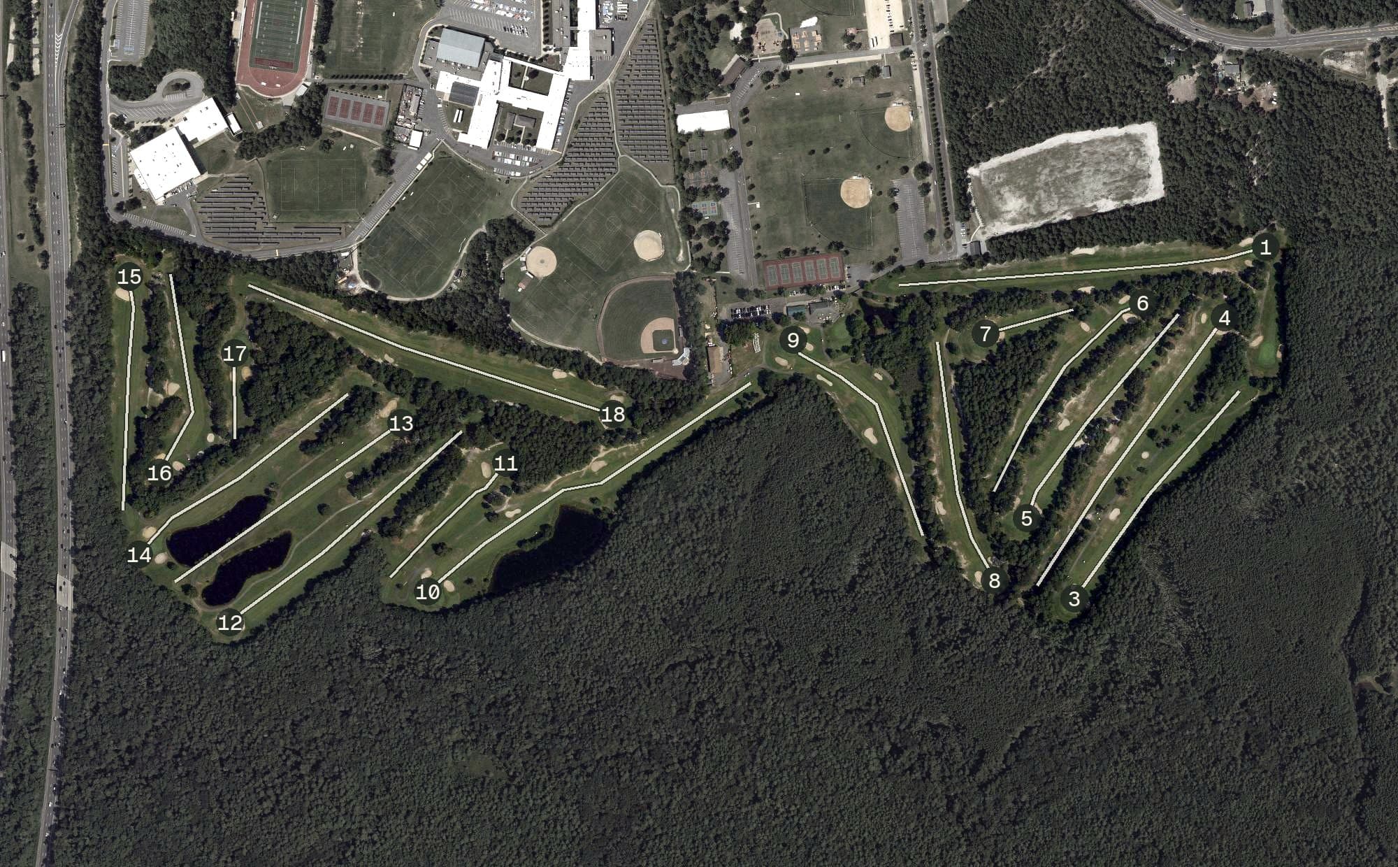 Aerial view of Cedar Creek Golf Club, NJ, with its hole routing marked
