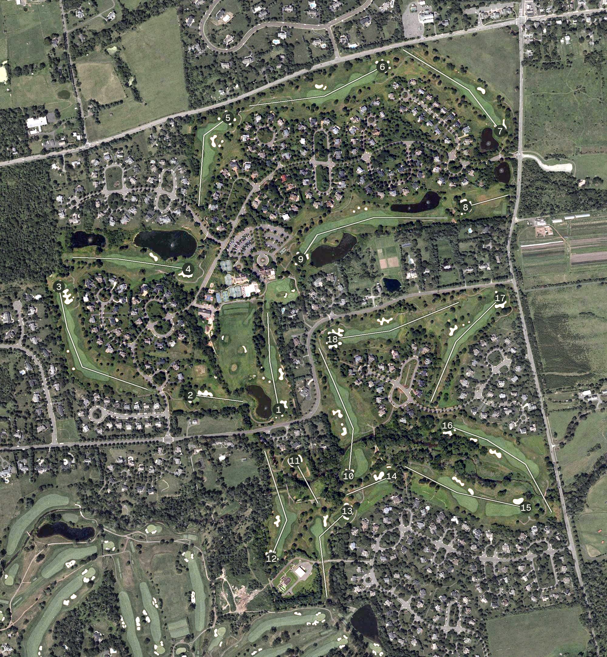 Aerial view of Cherry Valley Country Club, NJ, with its hole routing marked
