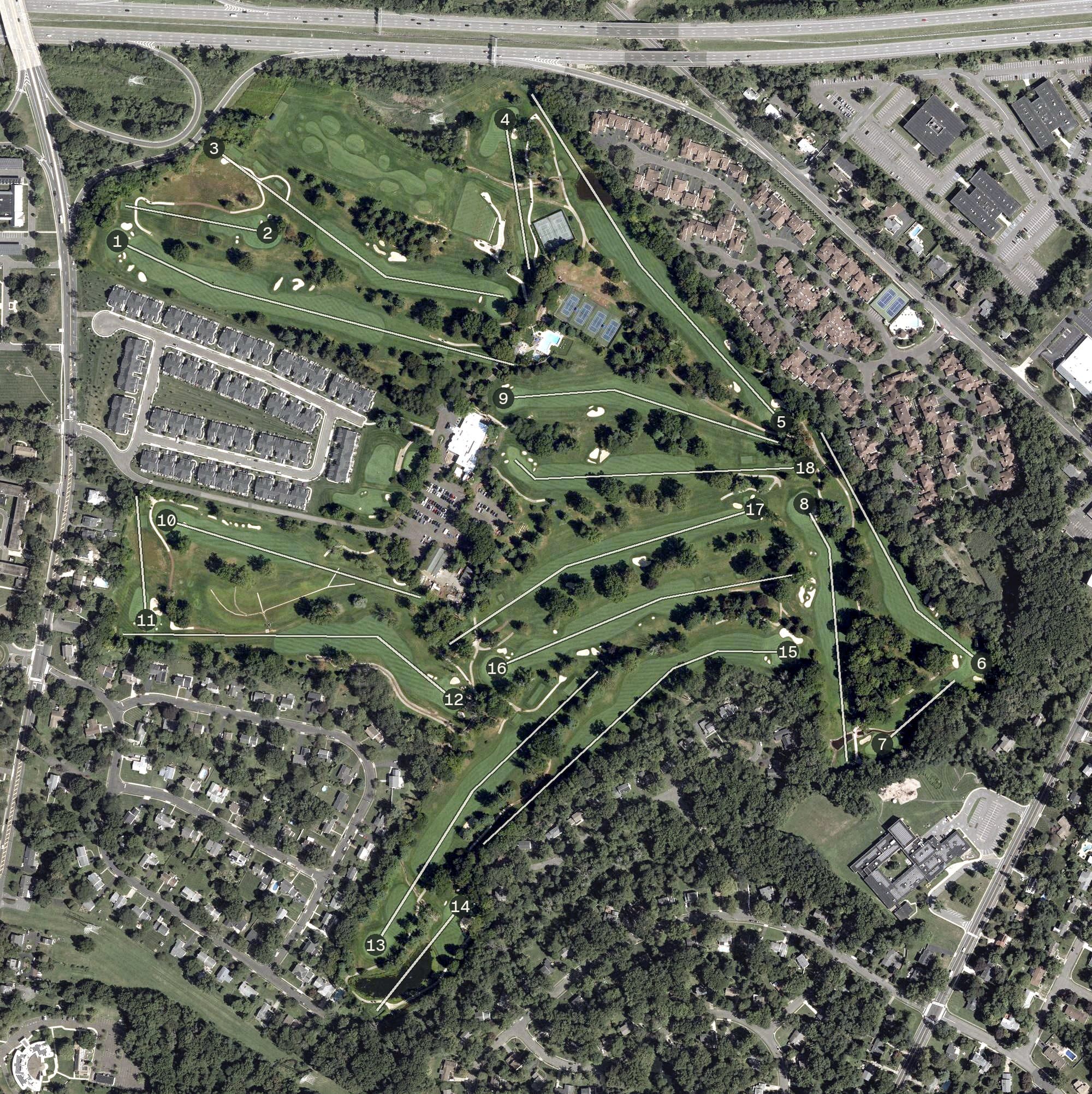 Aerial view of Cobblestone Creek Country Club, NJ, with its hole routing marked