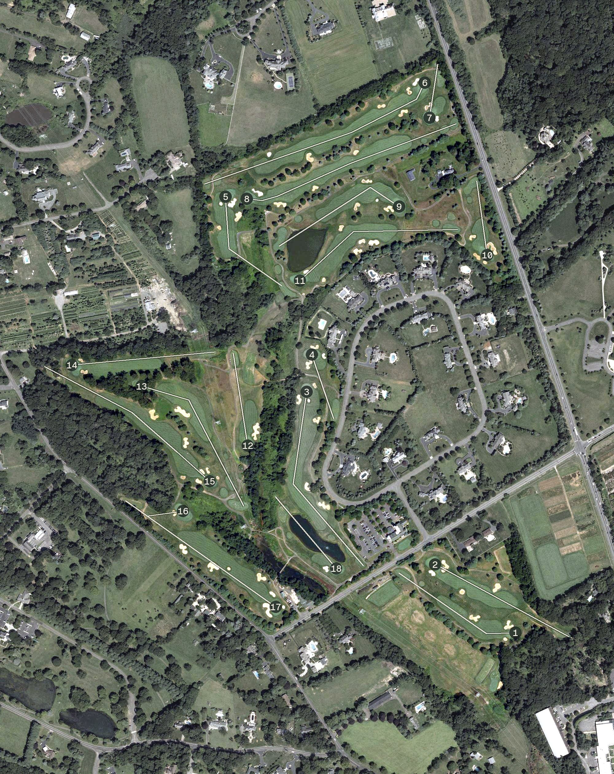 Aerial view of Colts Neck Golf Club, NJ, with its hole routing marked