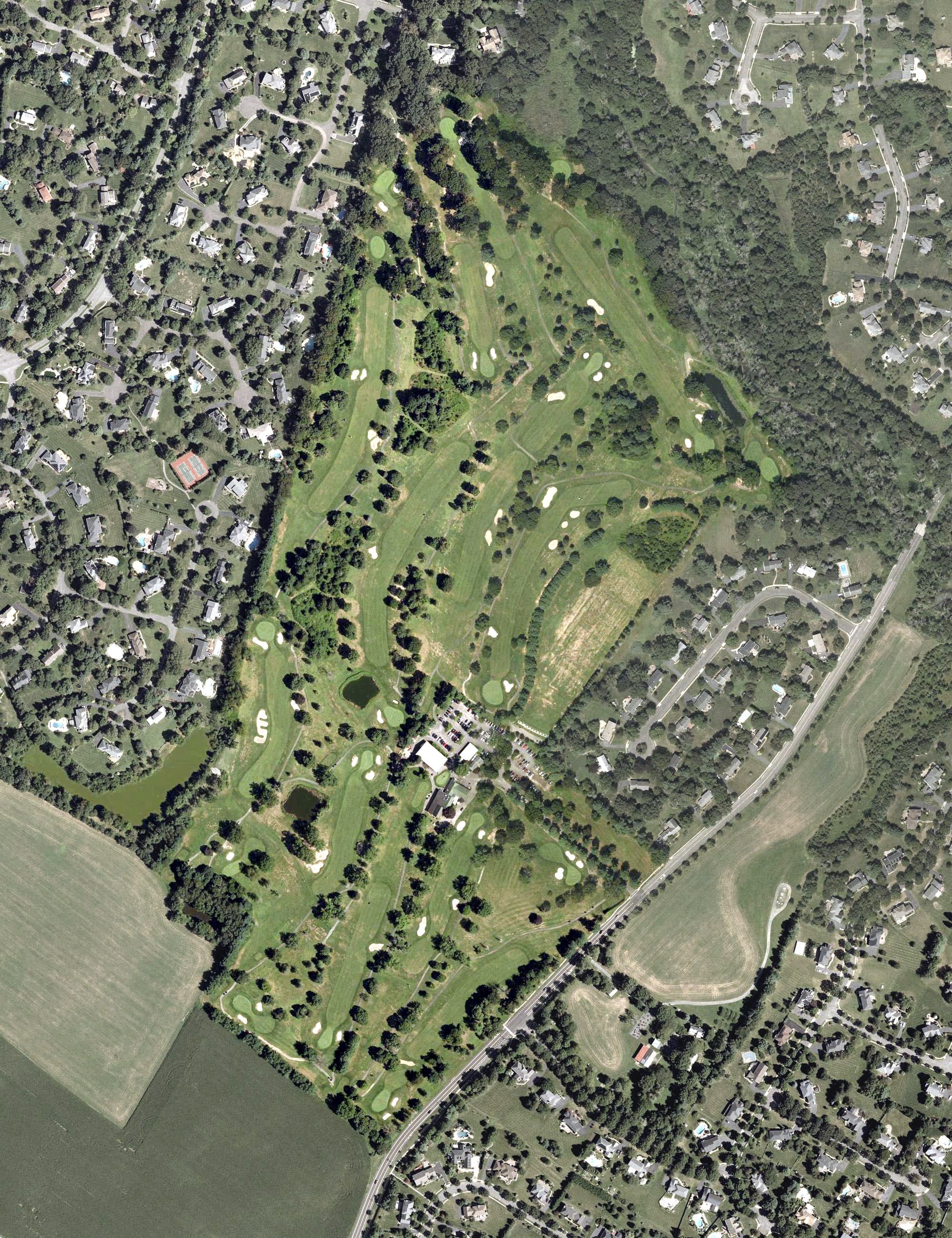 Aerial view of Cranbury Golf Club, NJ, with its hole routing marked