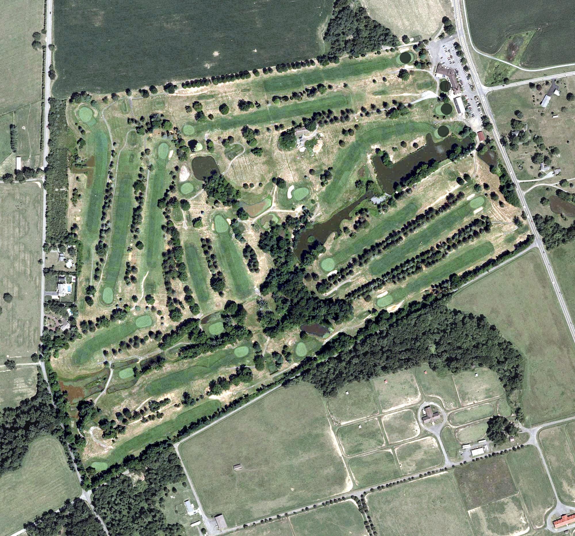 Aerial view of Cream Ridge Golf Course, NJ, with its hole routing marked