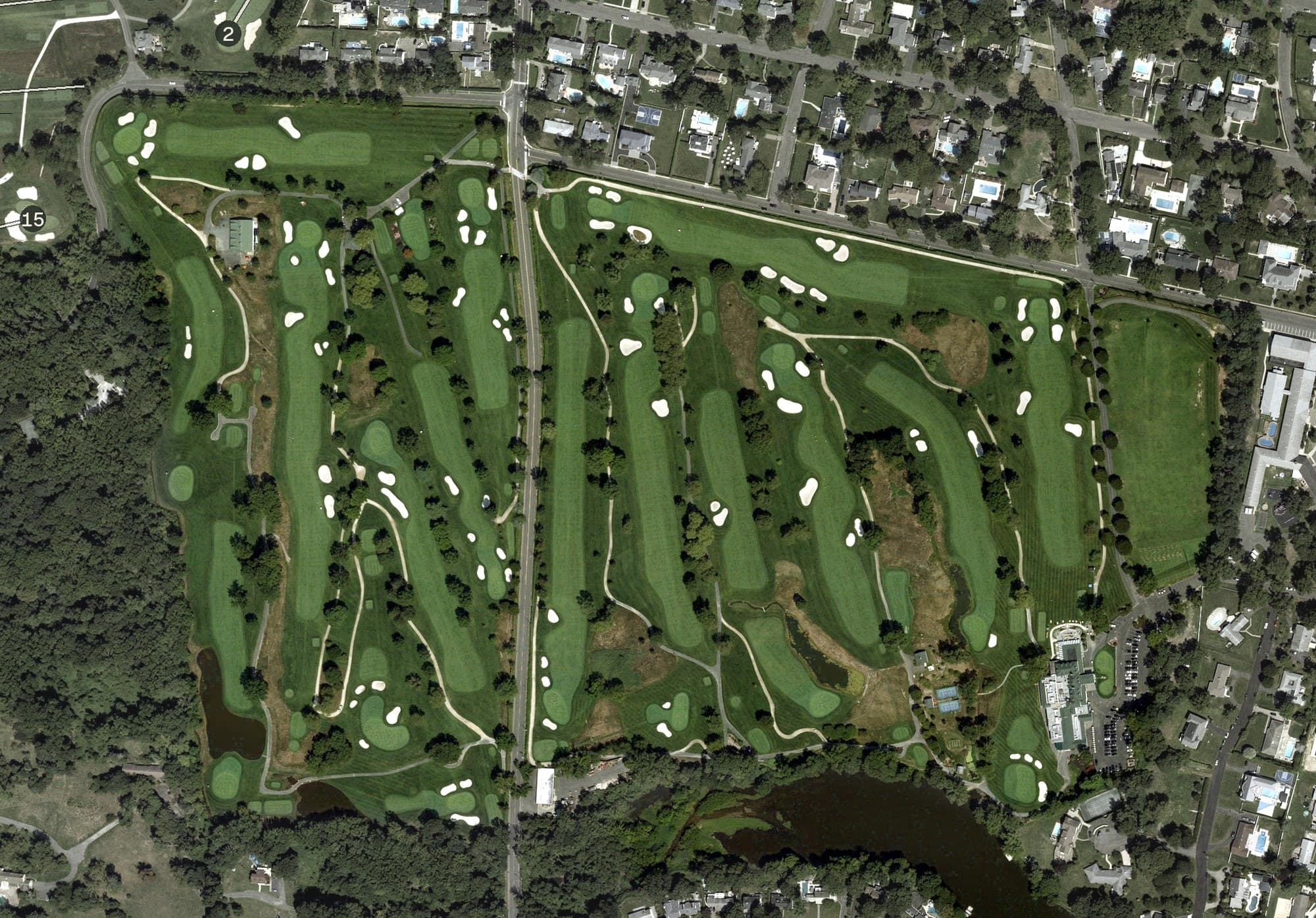 Aerial view of Deal Golf and Country Club, NJ, with its hole routing marked