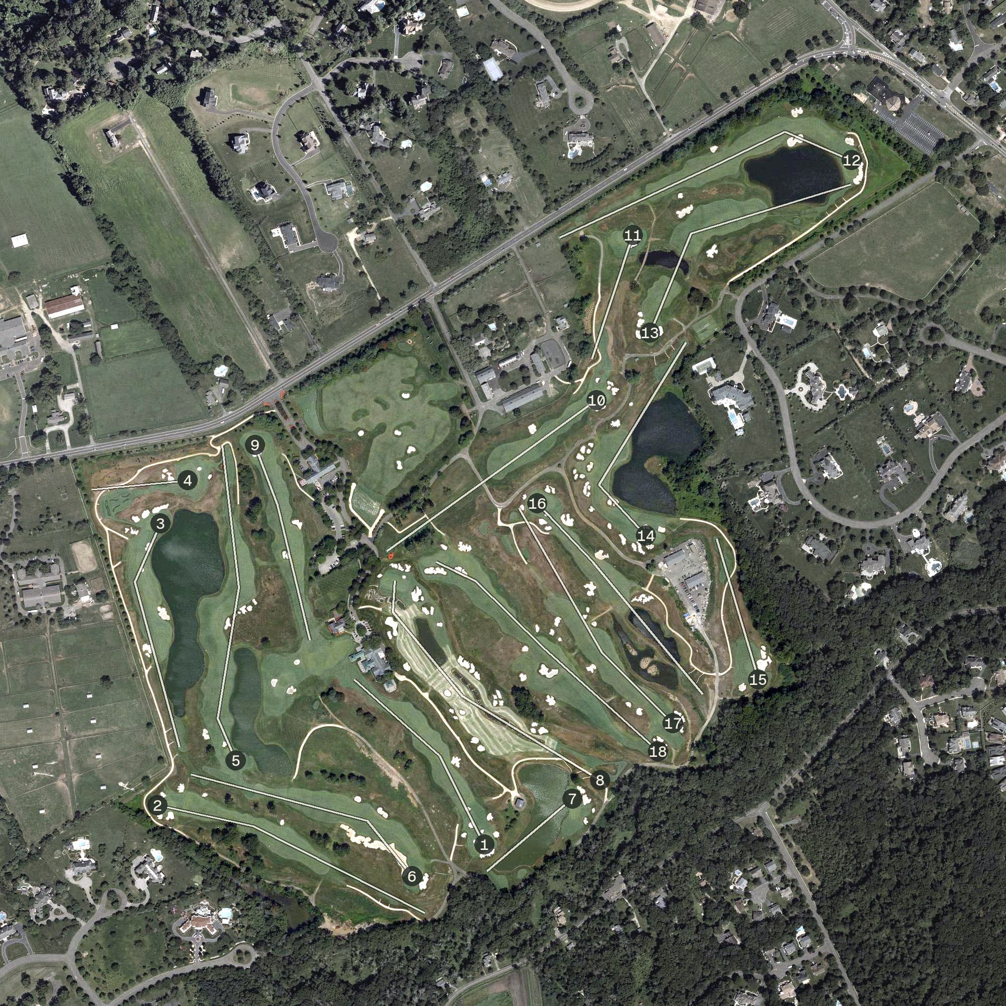 Aerial view of Due Process Stables Golf Course, NJ, with its hole routing marked