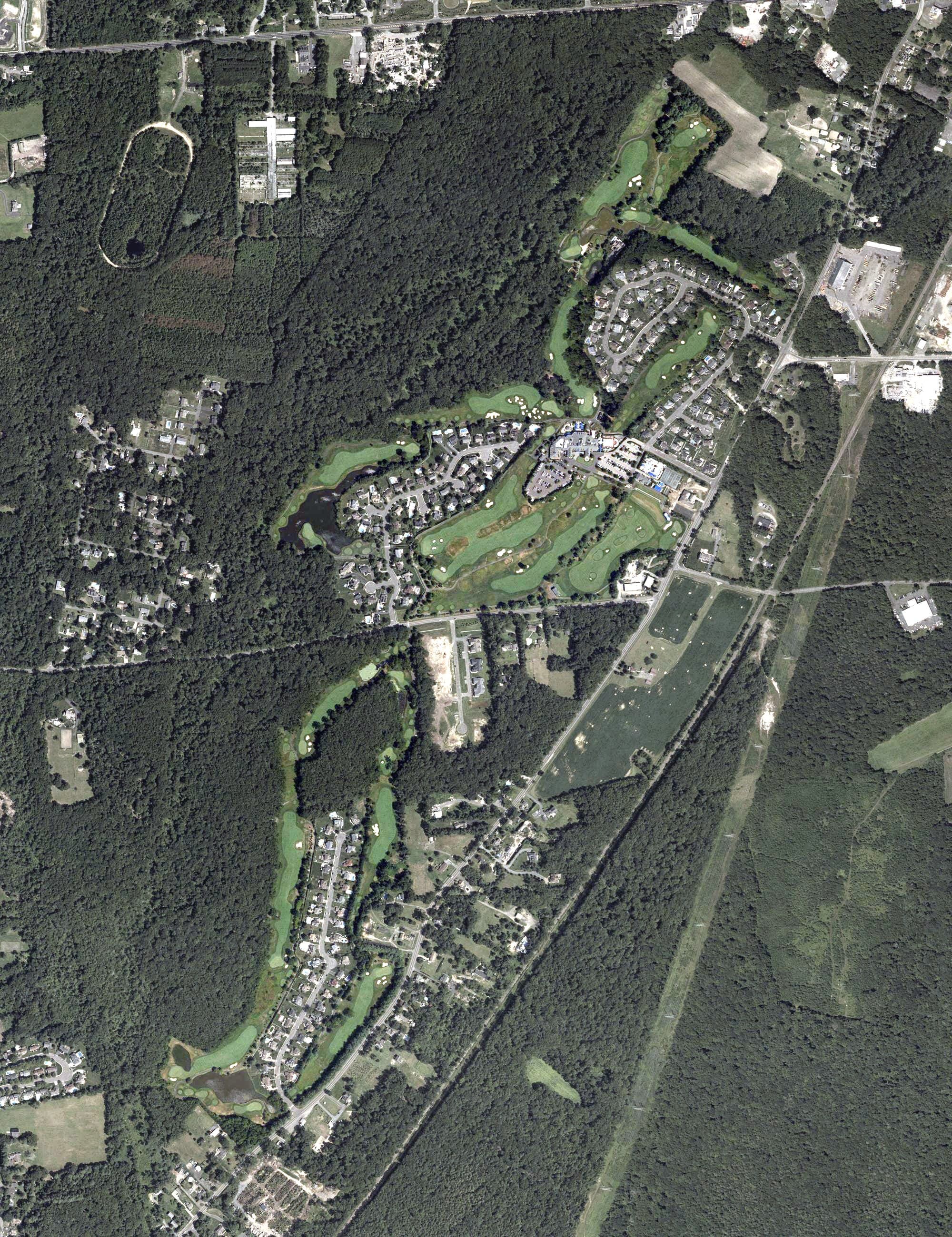 Aerial view of Eagle Oaks Golf and Country Club, NJ, with its hole routing marked