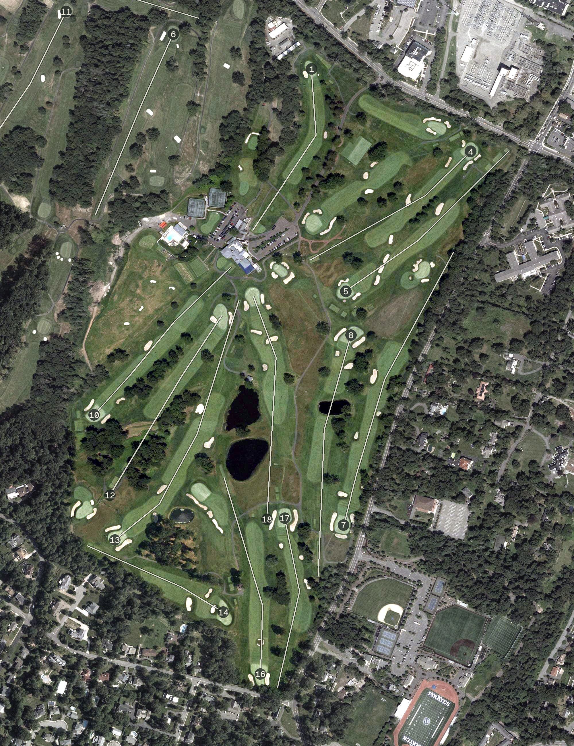 Aerial view of Essex County Country Club, NJ, with its hole routing marked