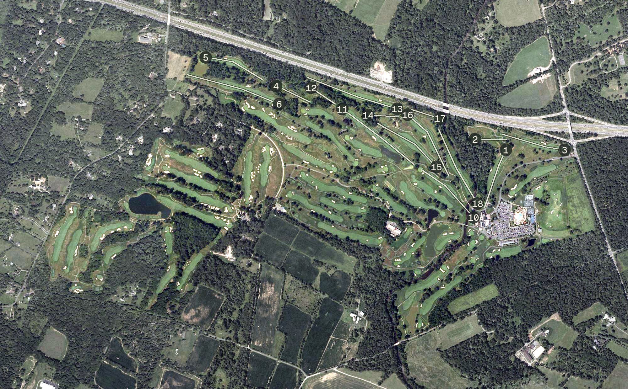 Aerial view of Fiddler's Elbow Country Club, NJ, with its hole routing marked