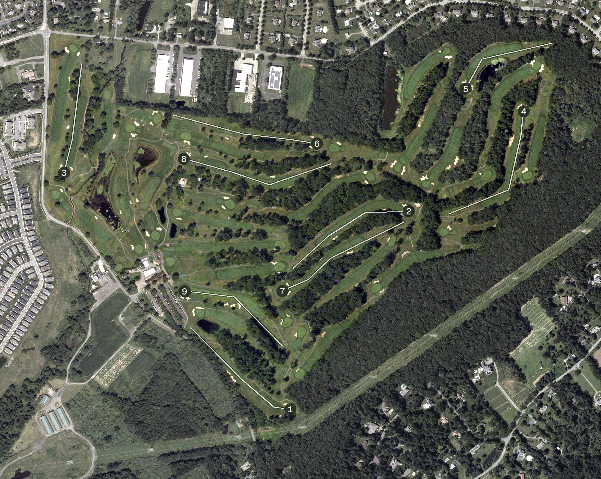 Aerial view of Flanders Valley Golf Course, NJ, with its hole routing marked