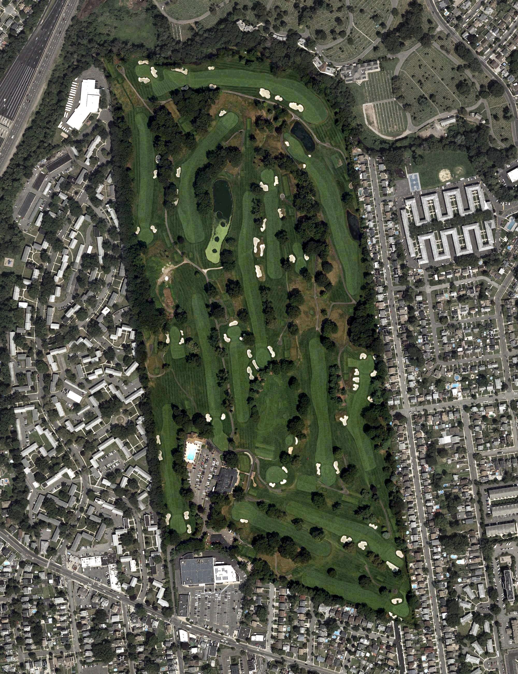 Aerial view of Forest Hills Field Club, NJ, with its hole routing marked