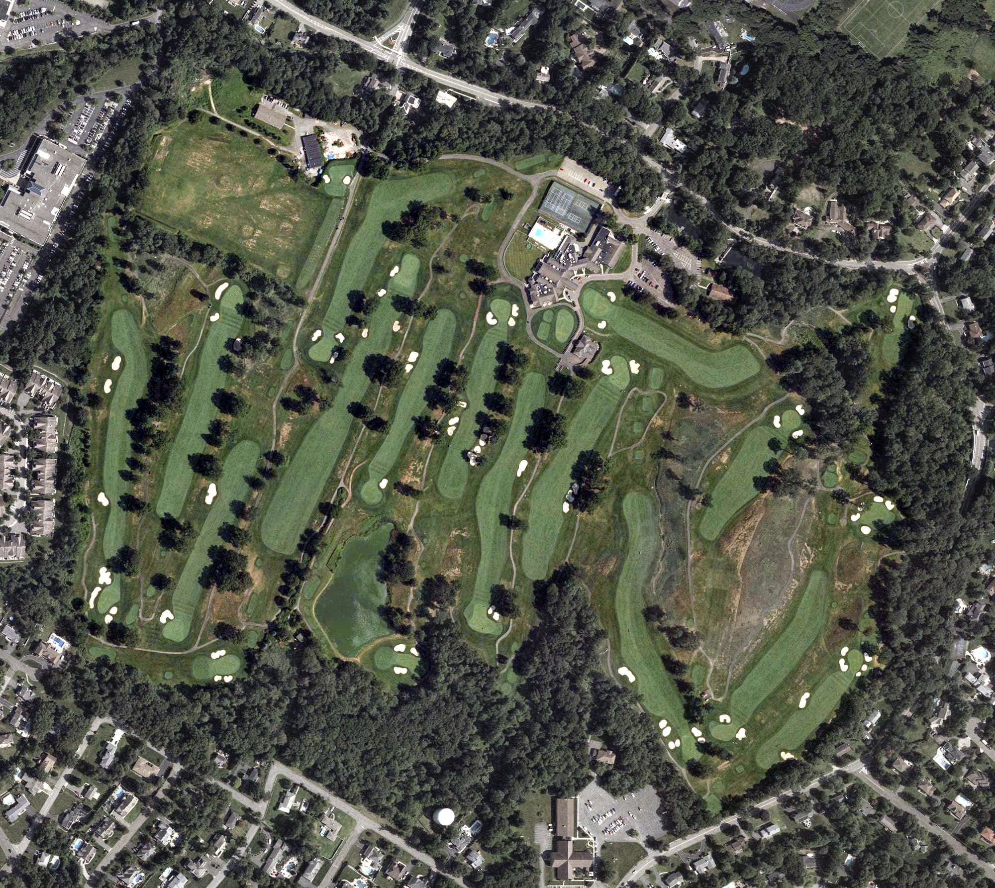 Aerial view of Former Green Brook Country Club, NJ, with its hole routing marked