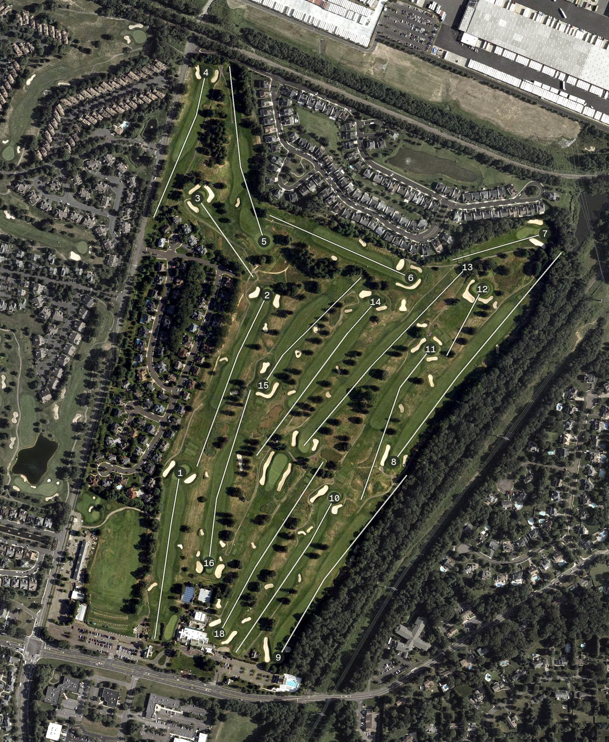 Aerial view of Forsgate Country Club, NJ, with its hole routing marked