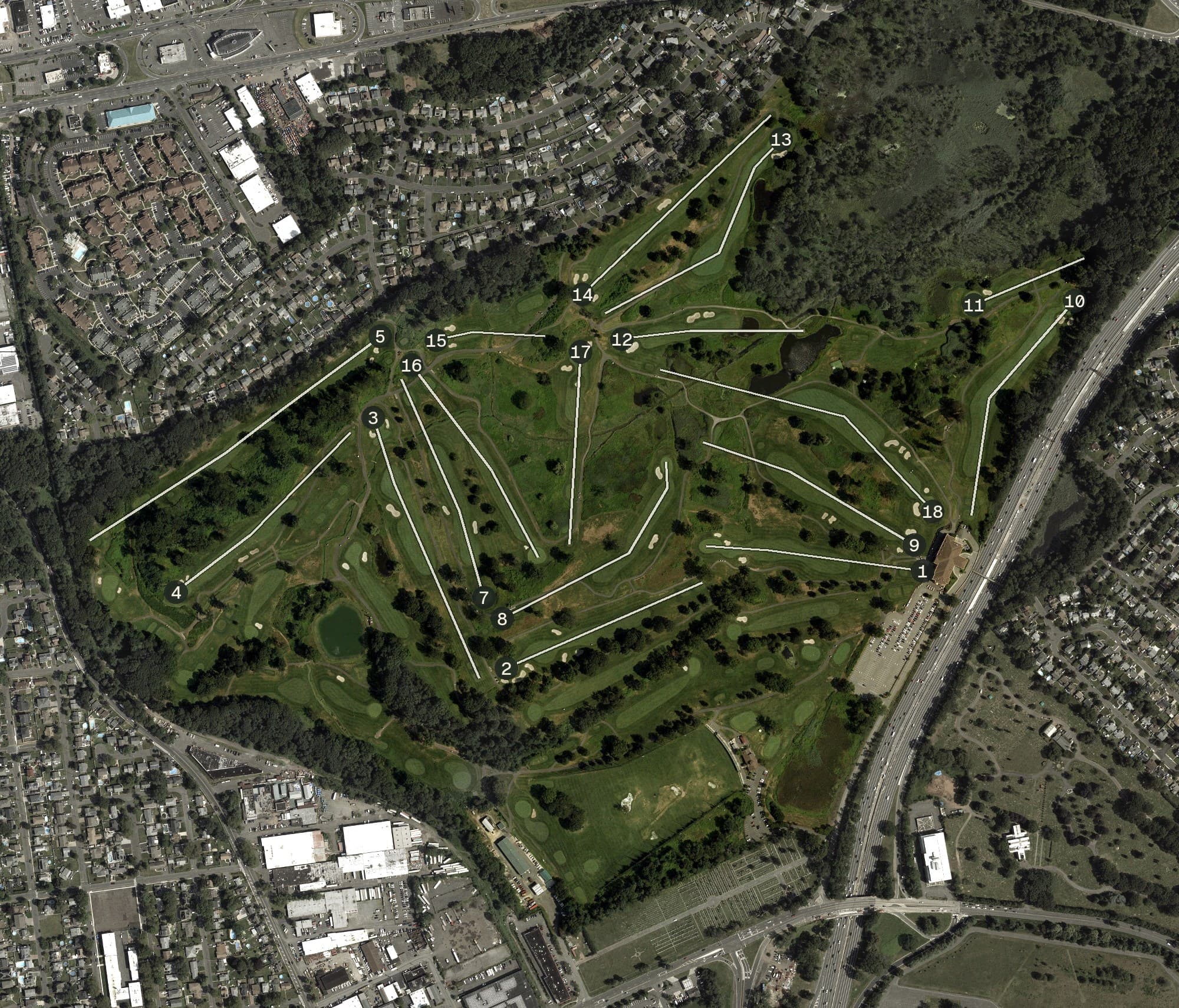 Aerial view of Galloping Hill Golf Course, NJ, with its hole routing marked