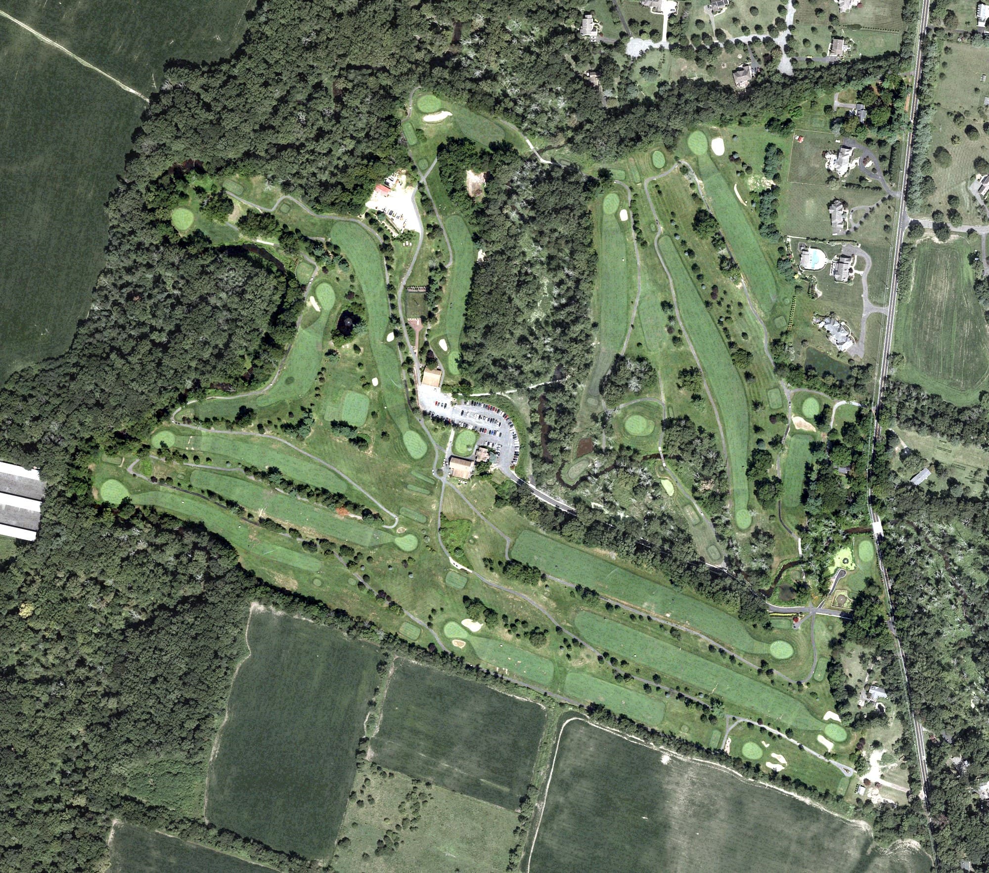 Aerial view of Golden Pheasant Golf Course, NJ, with its hole routing marked