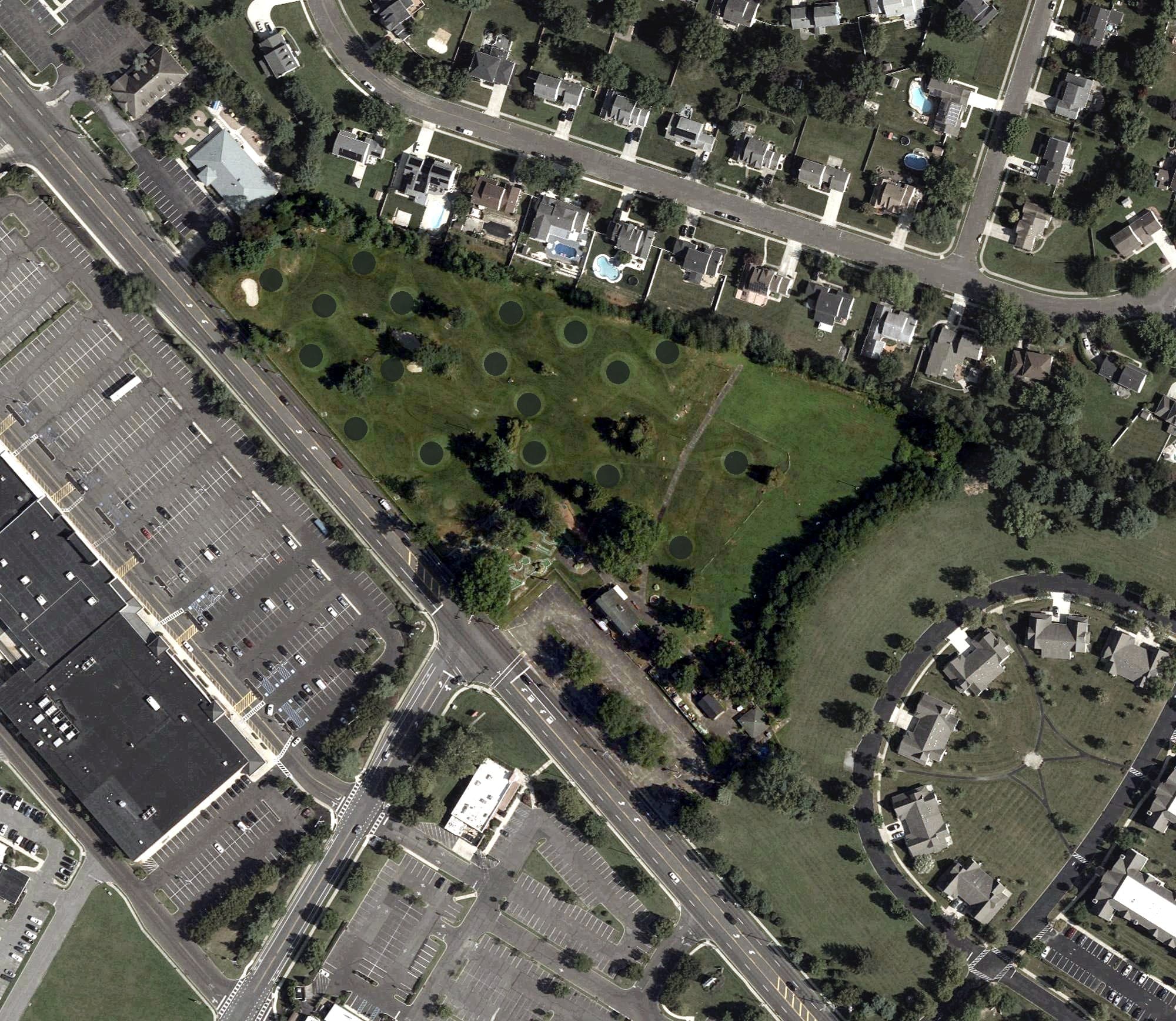 Aerial view of Golf Land, NJ, with its hole routing marked