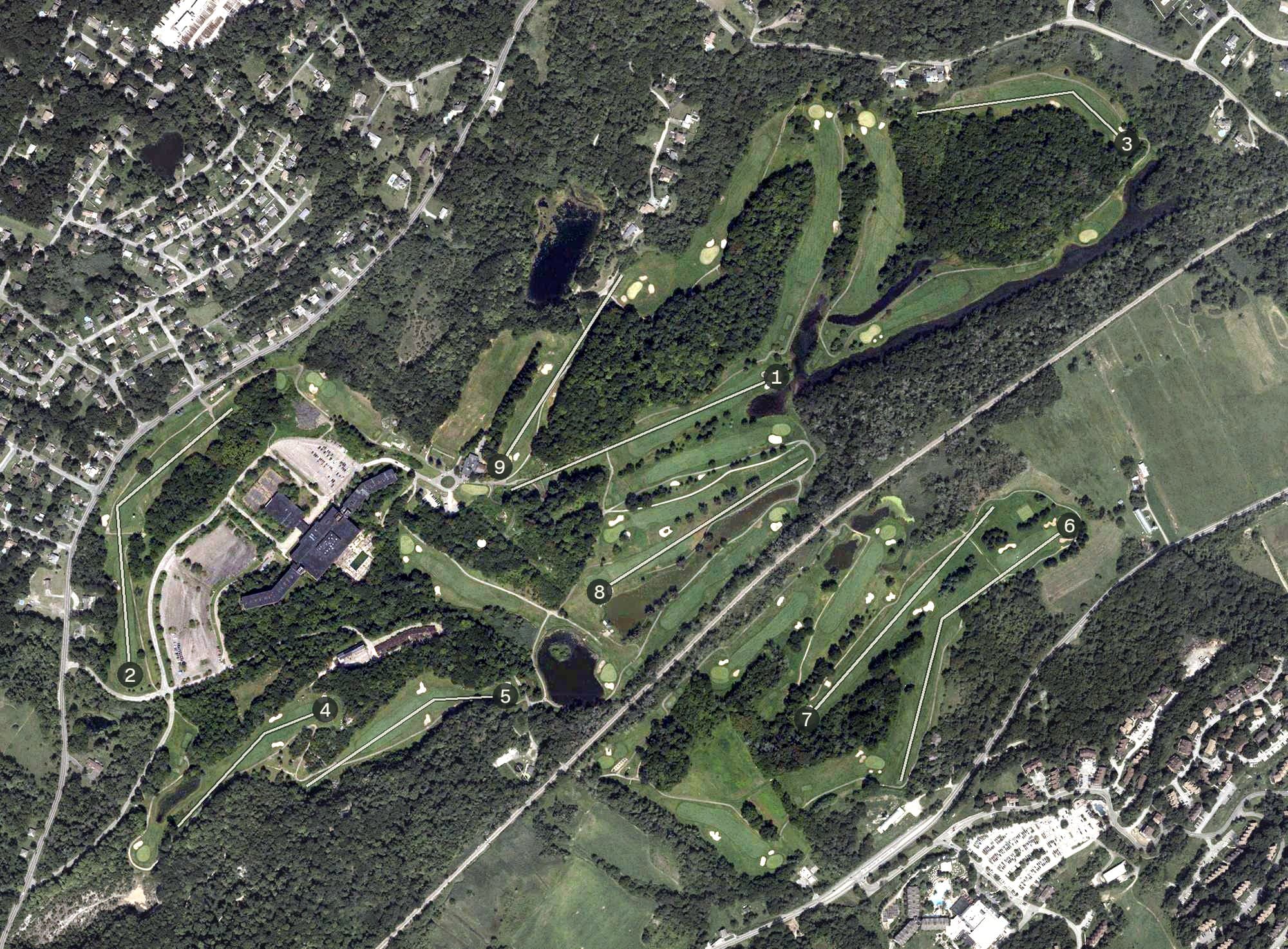 Aerial view of Great Gorge, NJ, with its hole routing marked