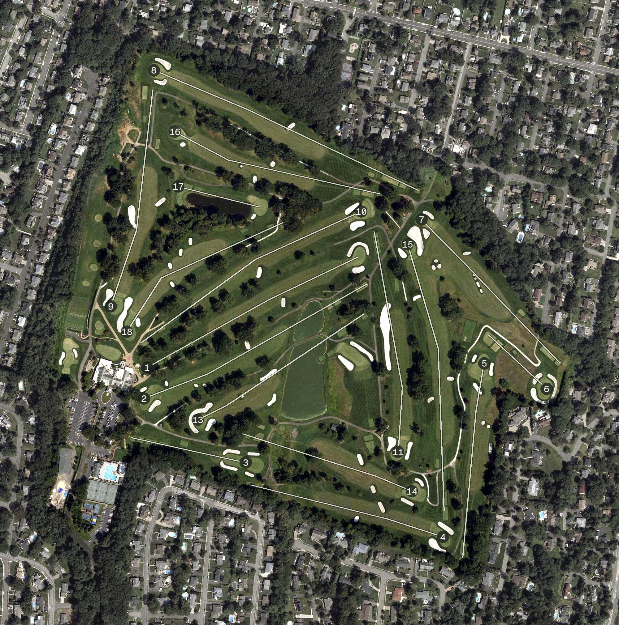 Aerial view of Hackensack Golf Club, NJ, with its hole routing marked