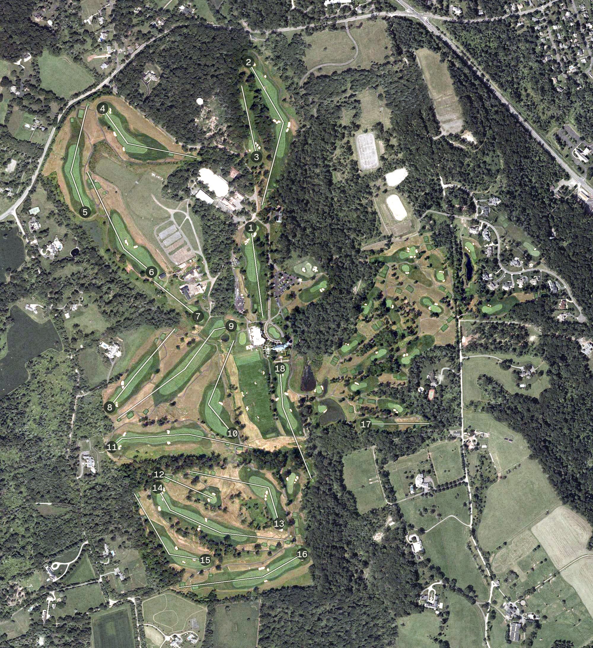 Aerial view of Hamilton Farm Golf Club, NJ, with its hole routing marked
