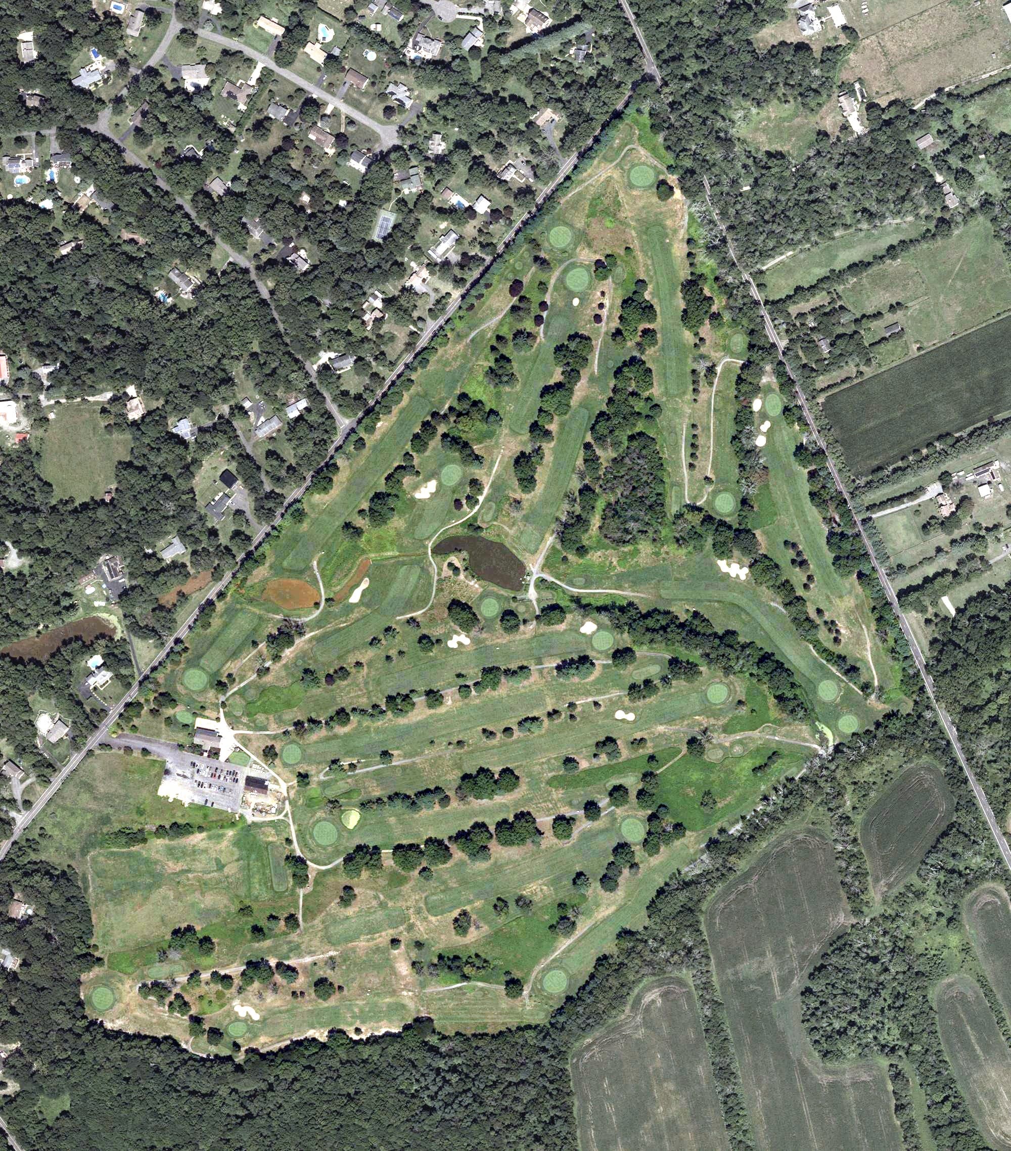 Aerial view of Hanover Golf Club, NJ, with its hole routing marked