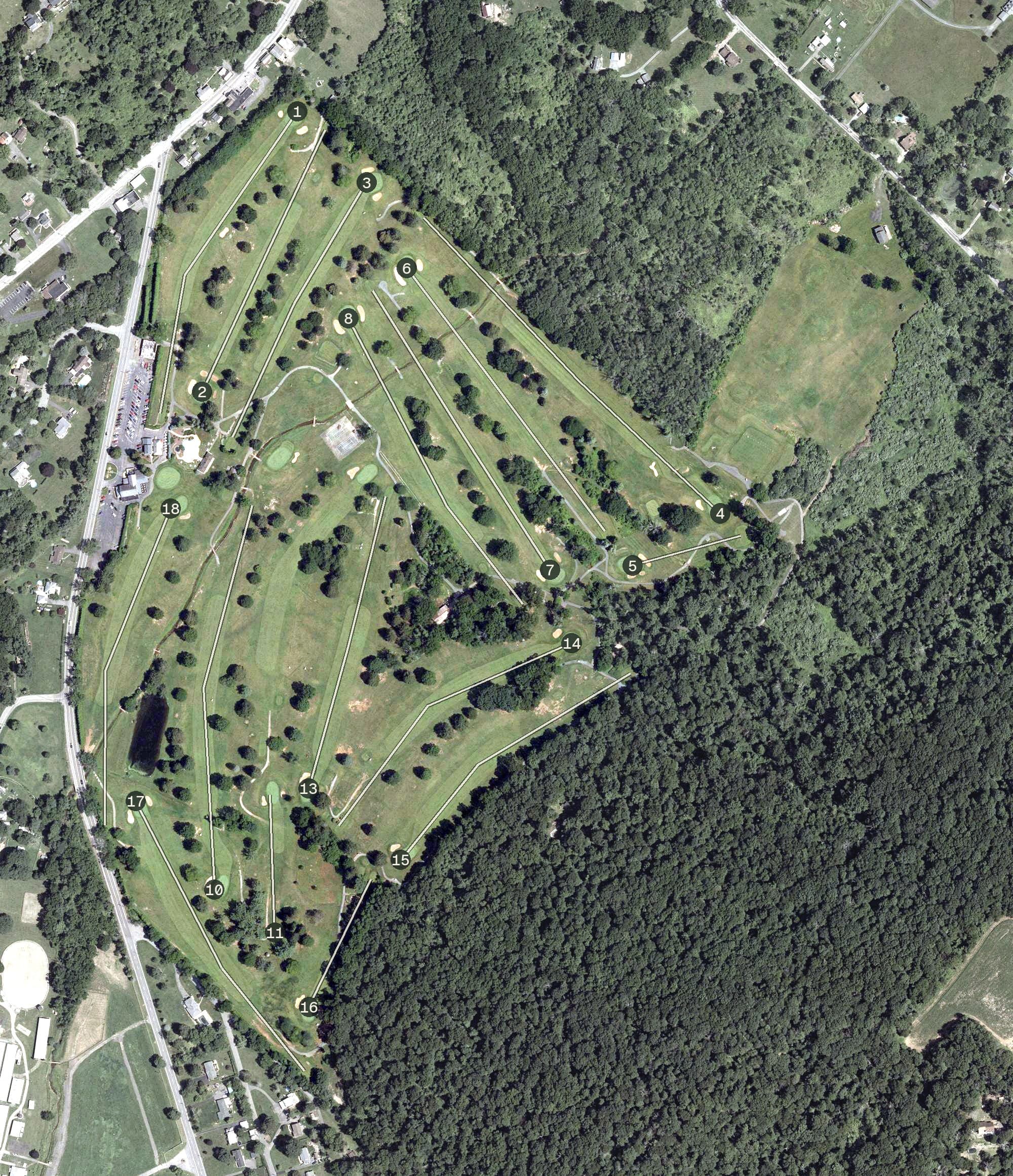 Aerial view of Harkers Hollow Golf Club, NJ, with its hole routing marked