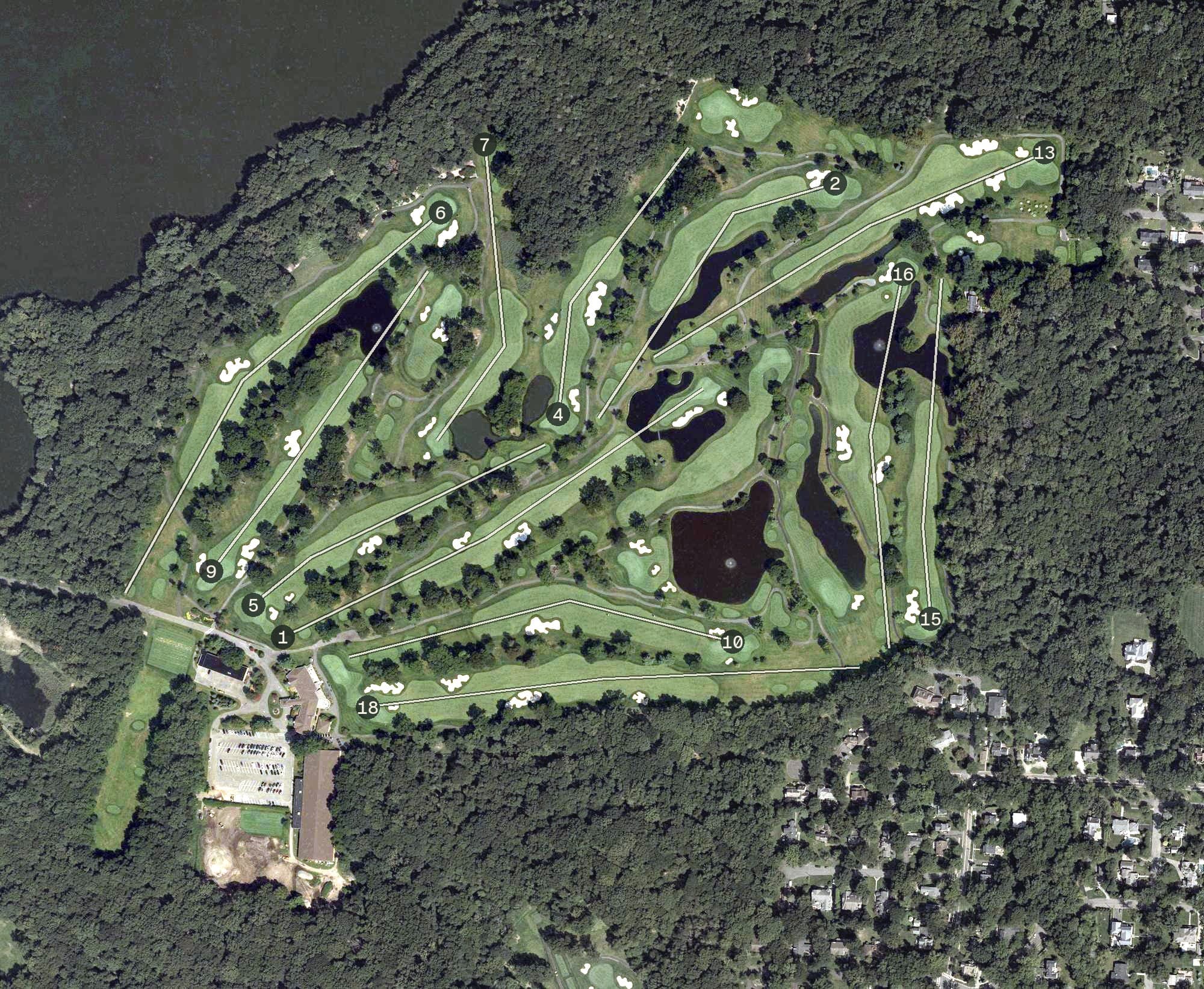 Aerial view of Haworth Country Club, NJ, with its hole routing marked