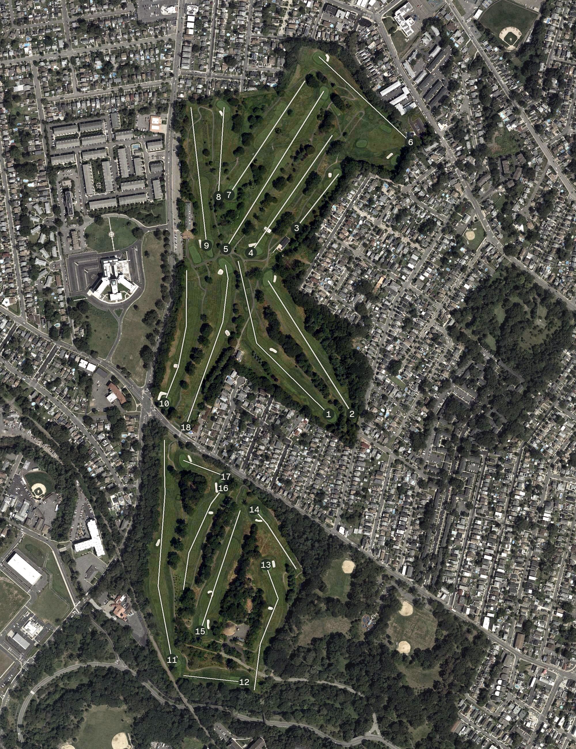 Aerial view of Hendricks Field Golf Course, NJ, with its hole routing marked