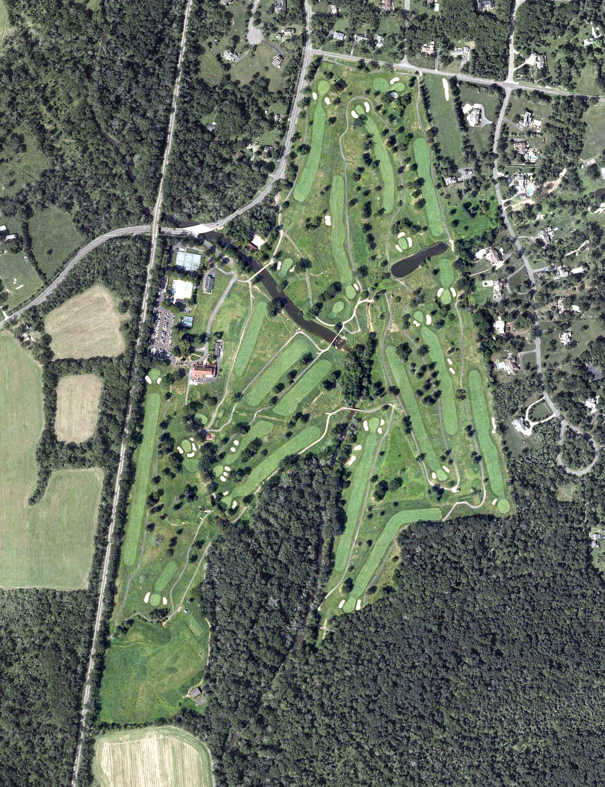 Aerial view of Hopewell Valley Golf & Country Club, NJ, with its hole routing marked