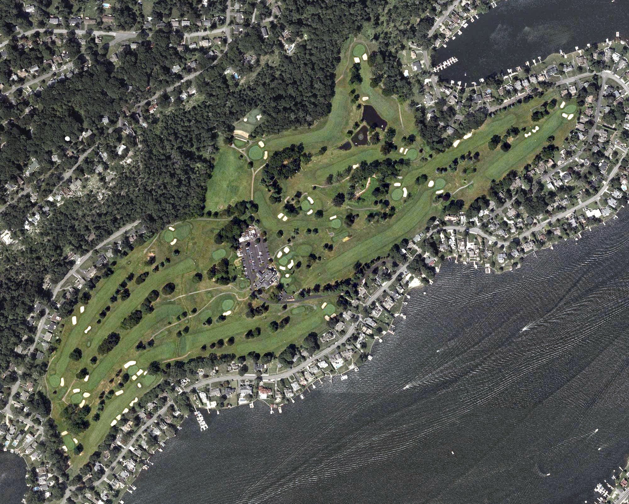 Aerial view of Lake Mohawk Golf Club, NJ, with its hole routing marked