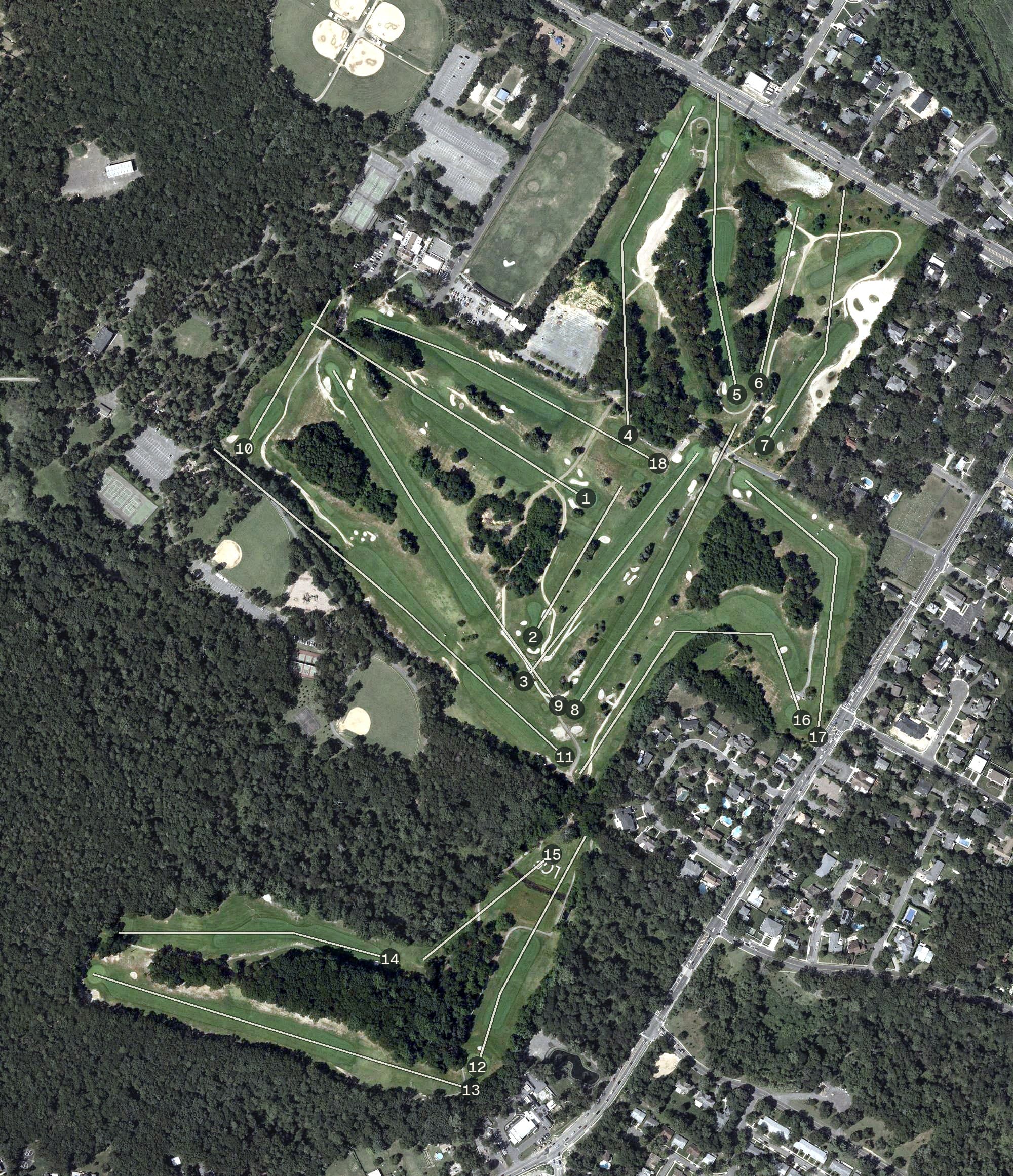 Aerial view of Lakewood Country Club, NJ, with its hole routing marked