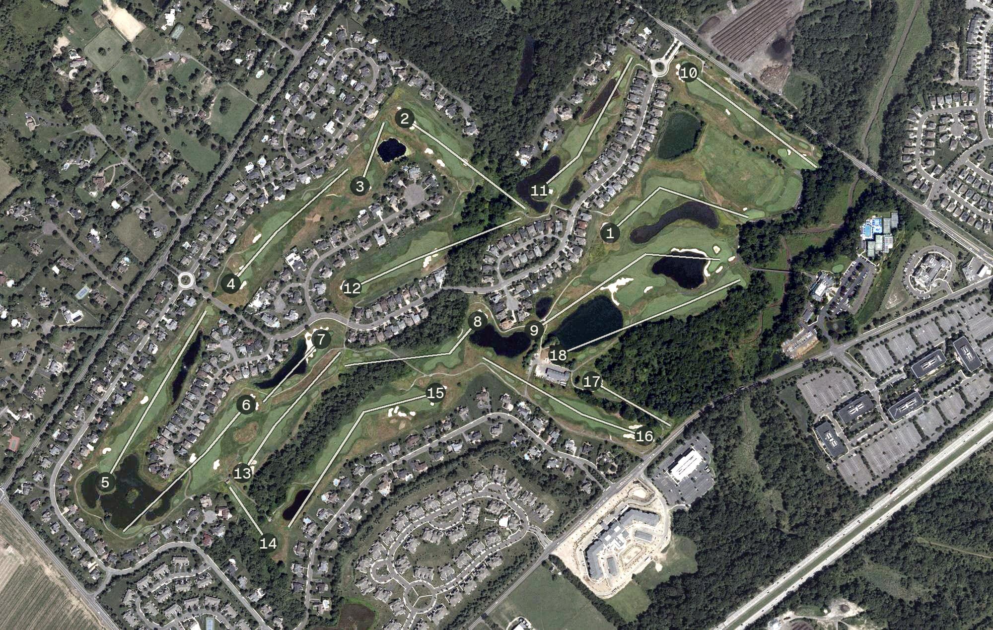 Aerial view of Laurel Creek Golf Course, NJ, with its hole routing marked