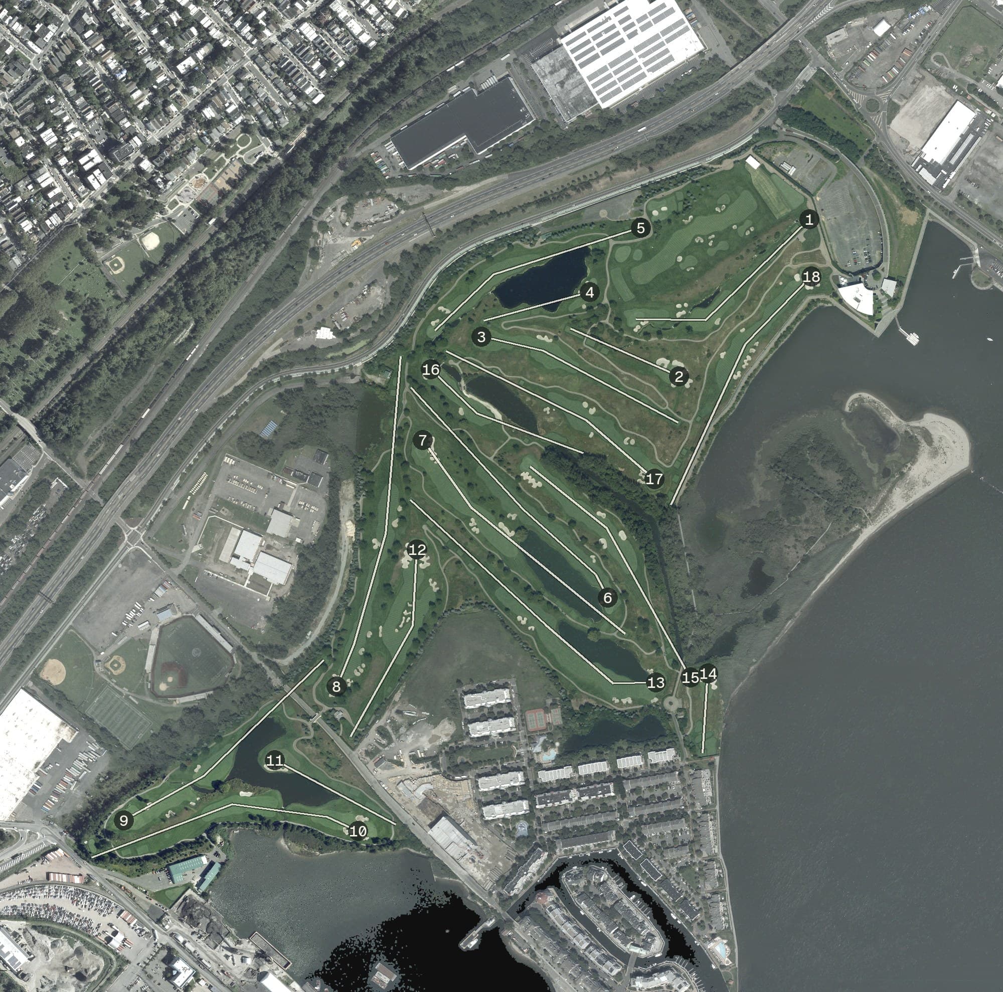 Aerial view of Liberty National Golf Club, NJ, with its hole routing marked