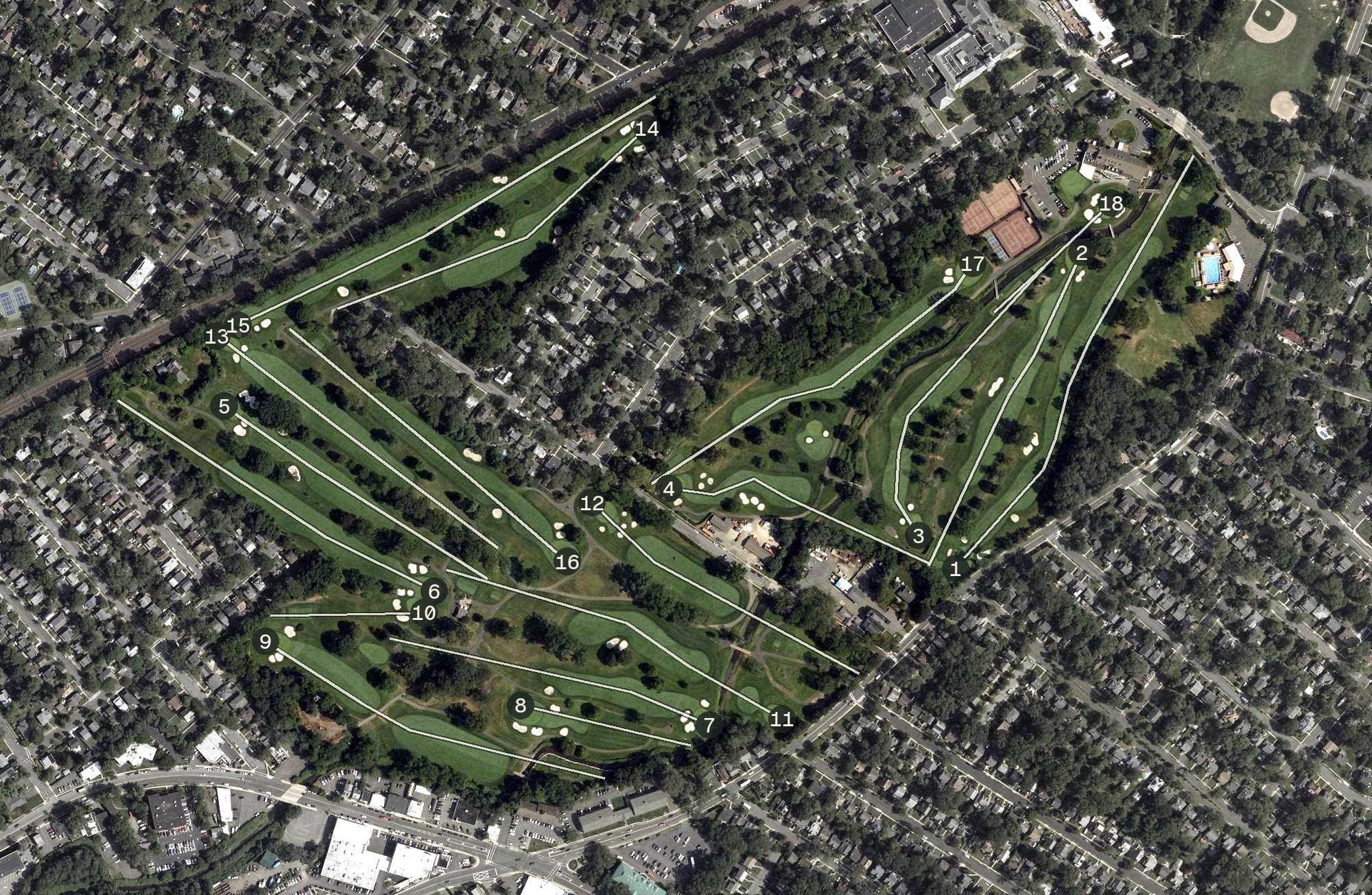 Aerial view of Maplewood Country Club, NJ, with its hole routing marked