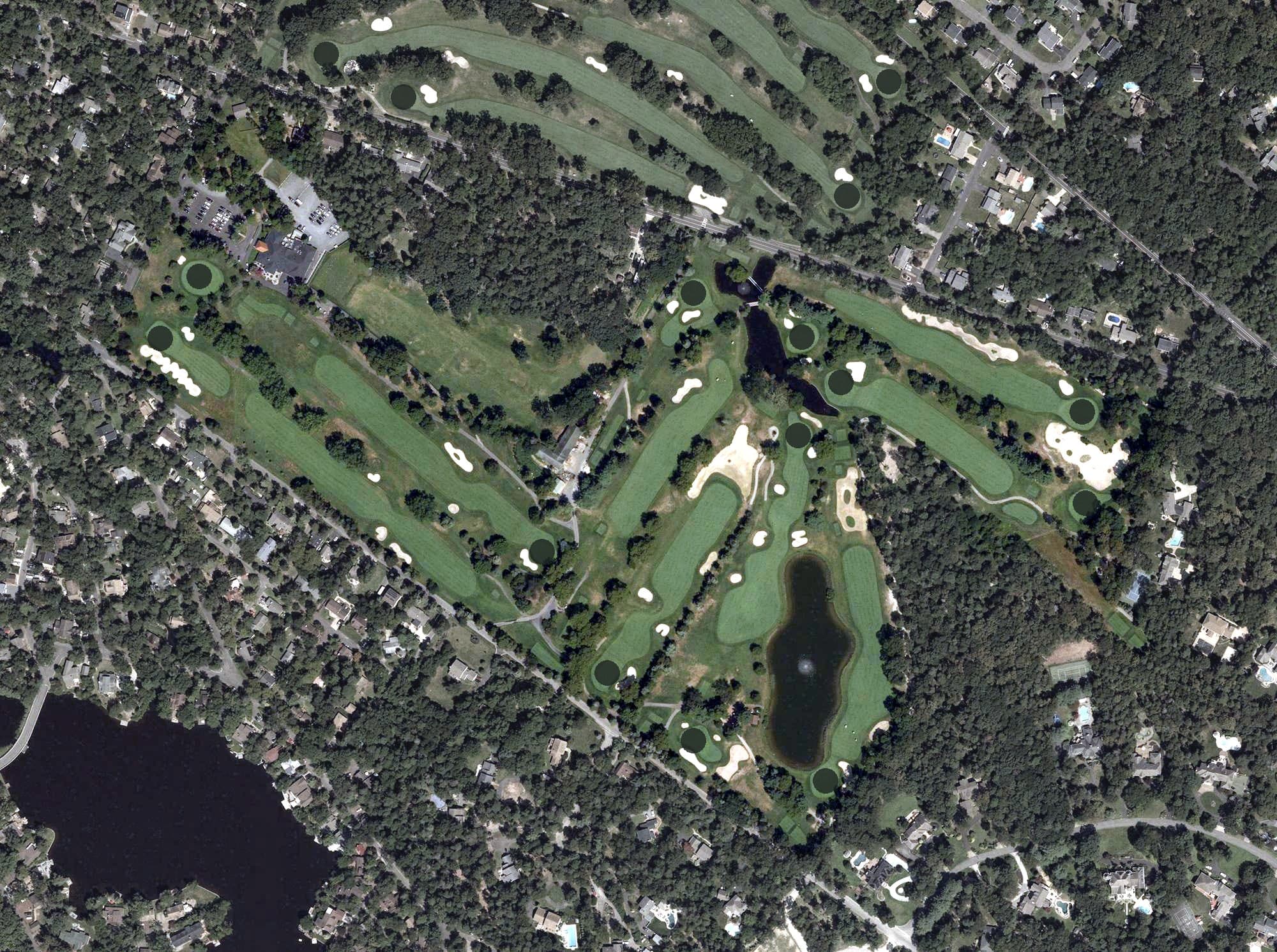 Aerial view of Medford Lakes Country Club, NJ, with its hole routing marked