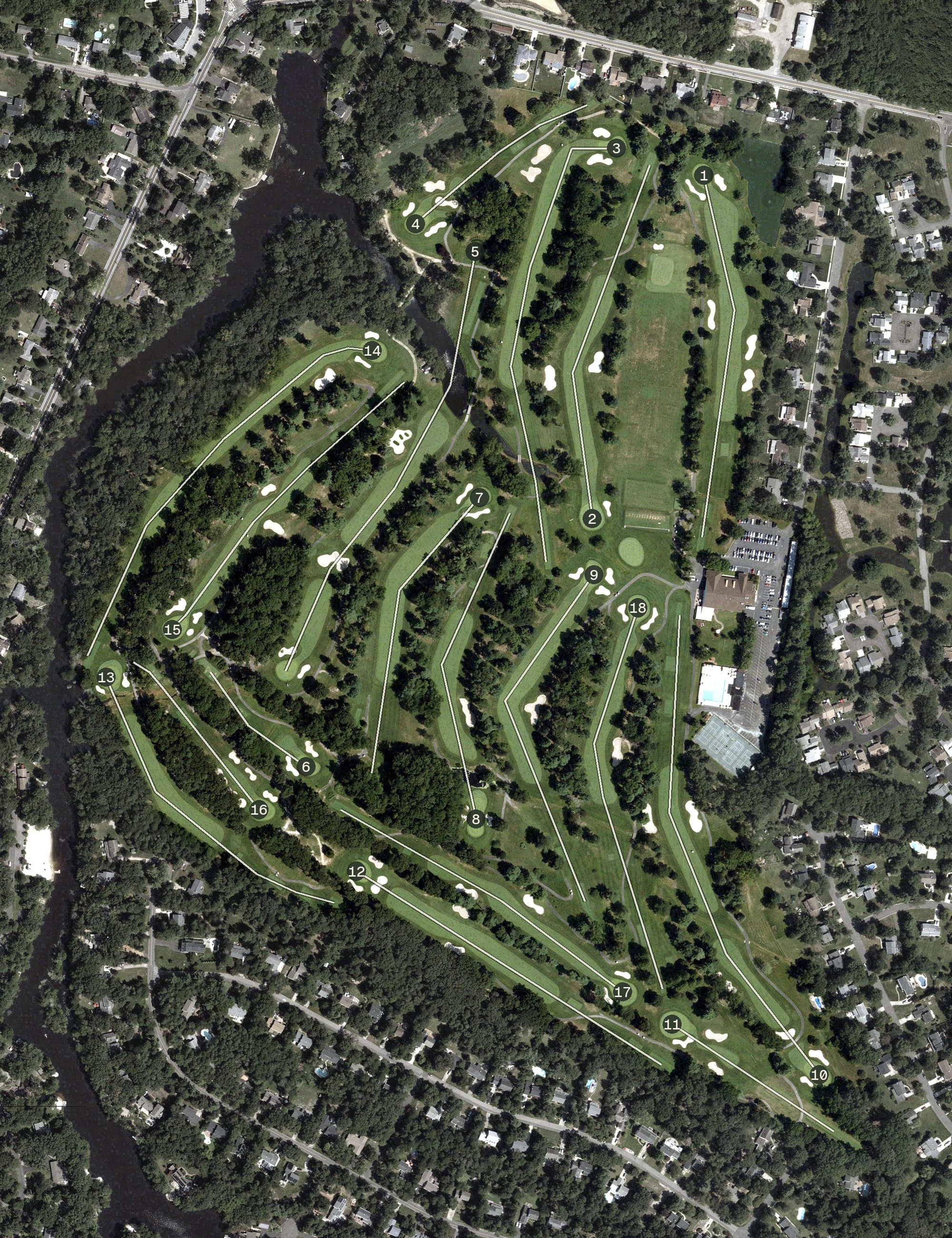 Aerial view of Medford Village Country Club, NJ, with its hole routing marked