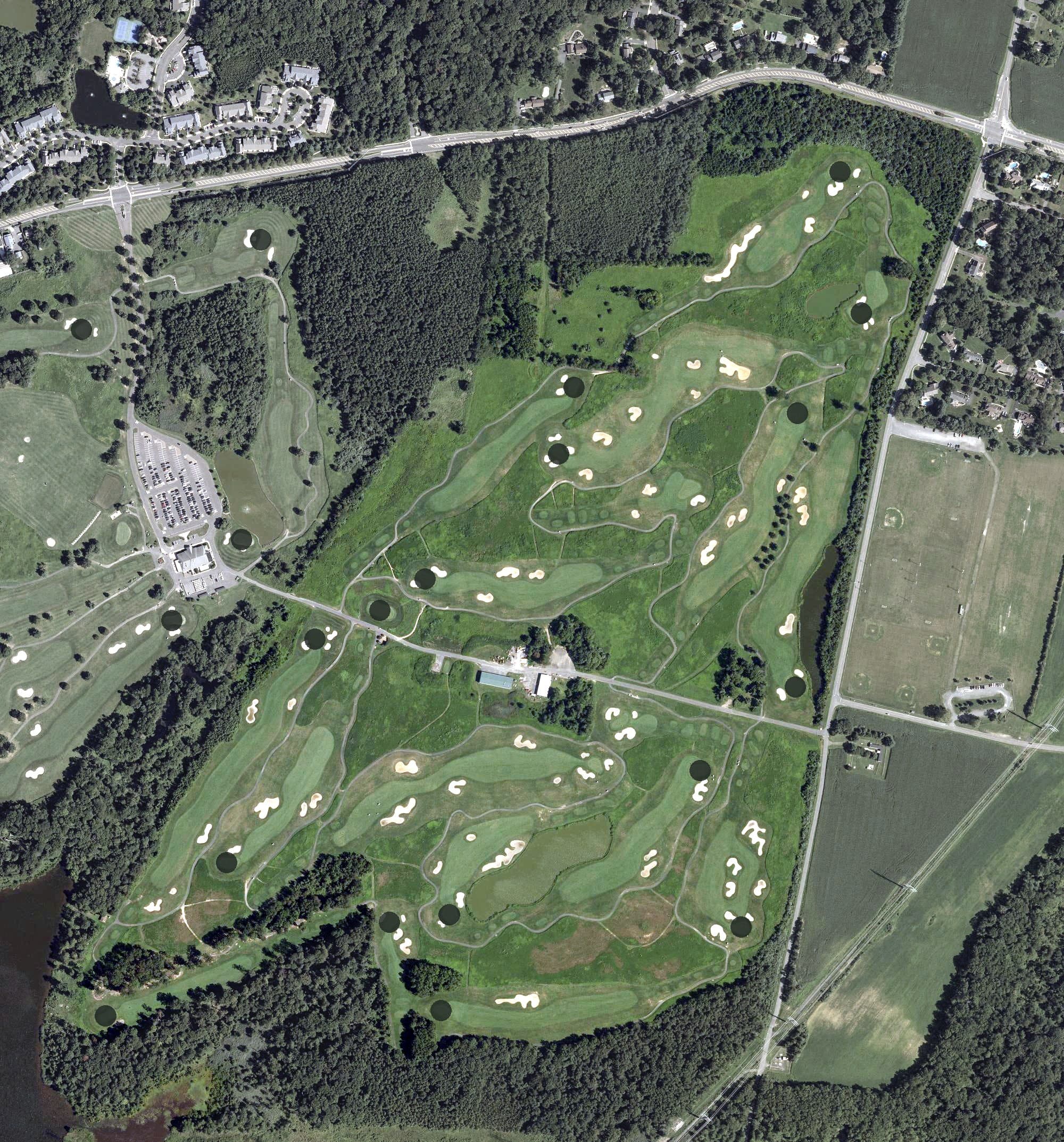 Aerial view of Mercer Oaks East Golf Course, NJ, with its hole routing marked