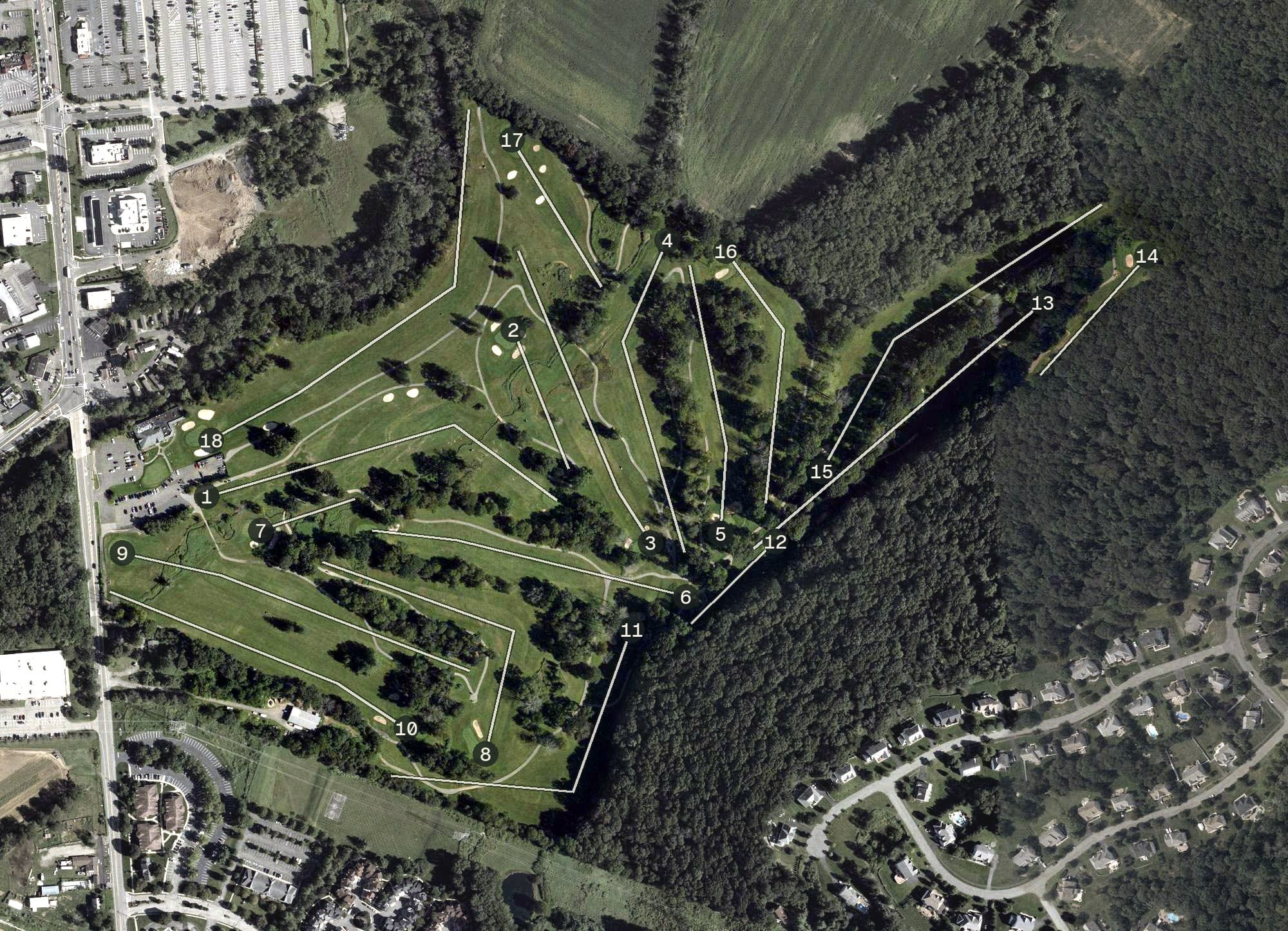 Aerial view of Minebrook Golf Course, NJ, with its hole routing marked